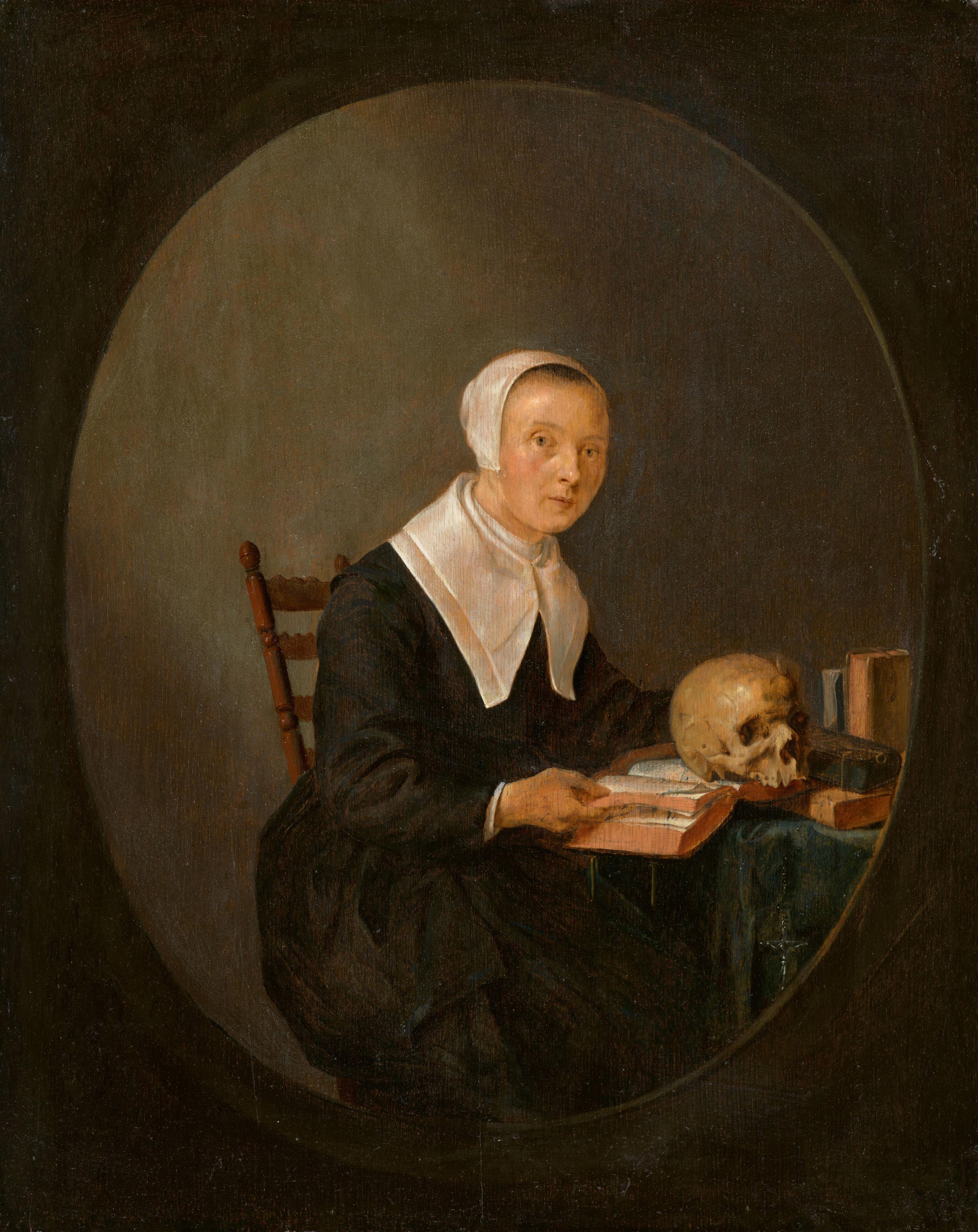 Quiringh van Brekelenkam - Portrait of a Lady reading at a Table with a Skull - image-1