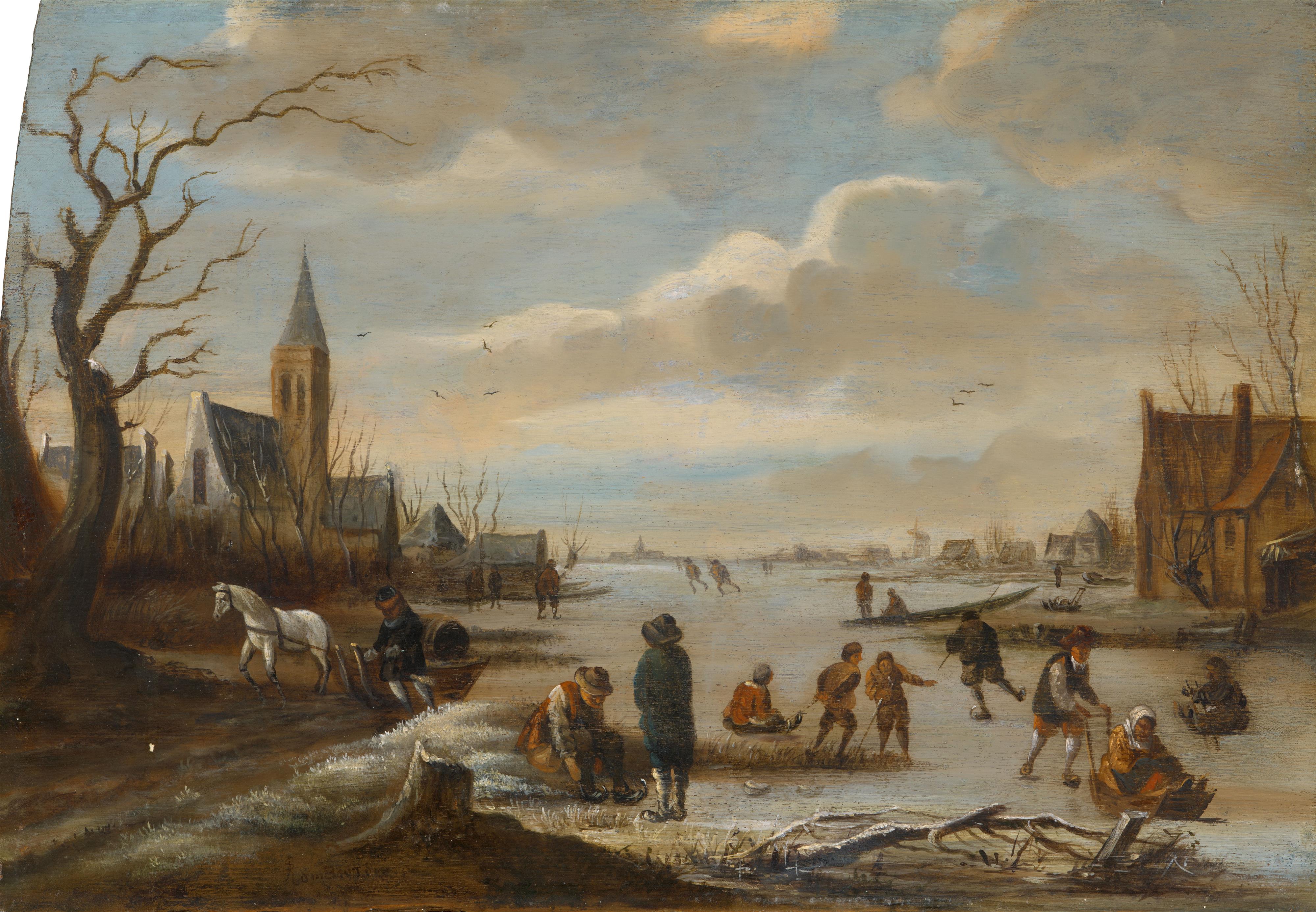 Salomon Rombouts - Ice Skaters and a Cart on a Frozen Canal - image-1