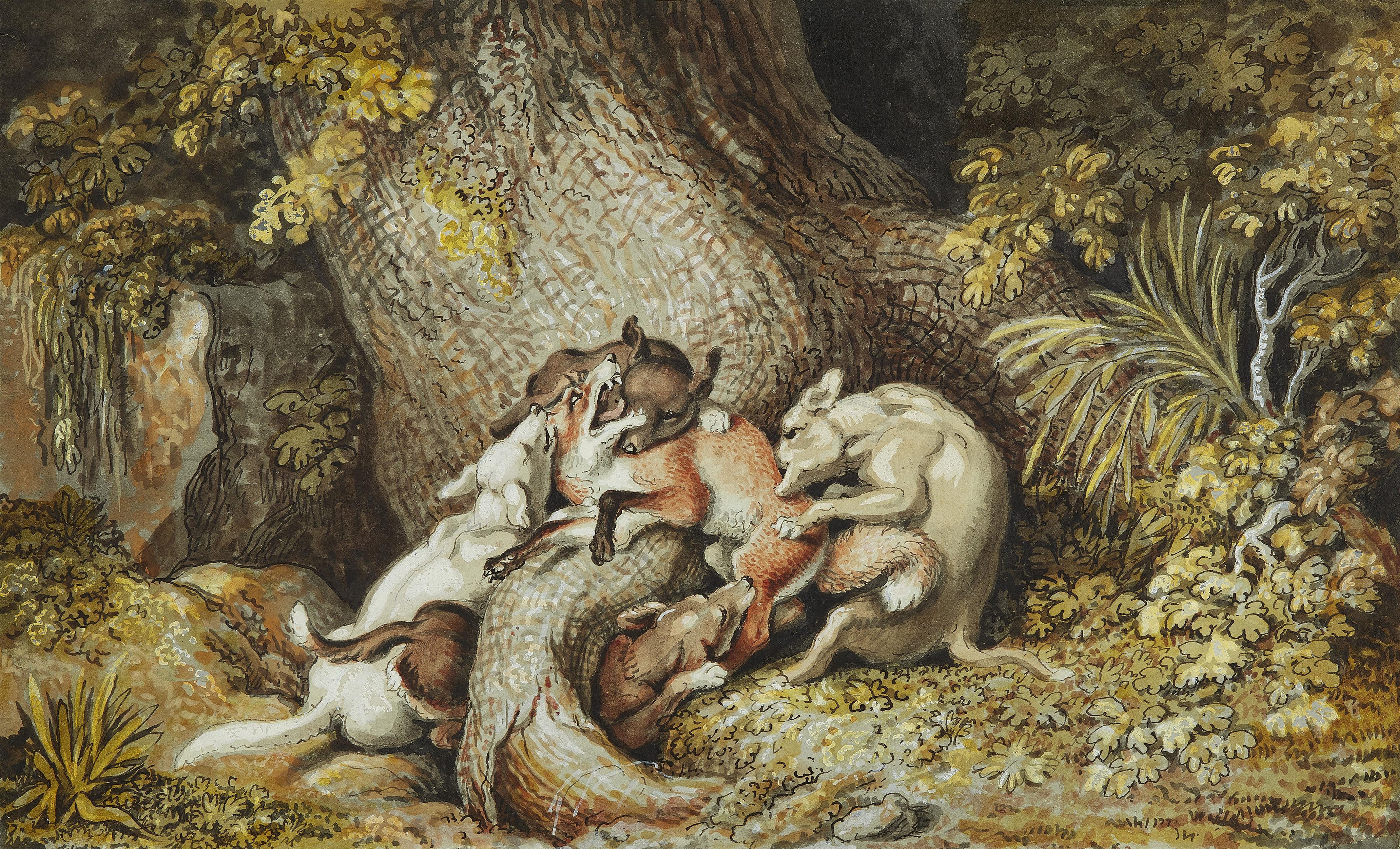 Johann Heinrich Wilhelm Tischbein - Dogs fighting a Fox by a Tree - image-1