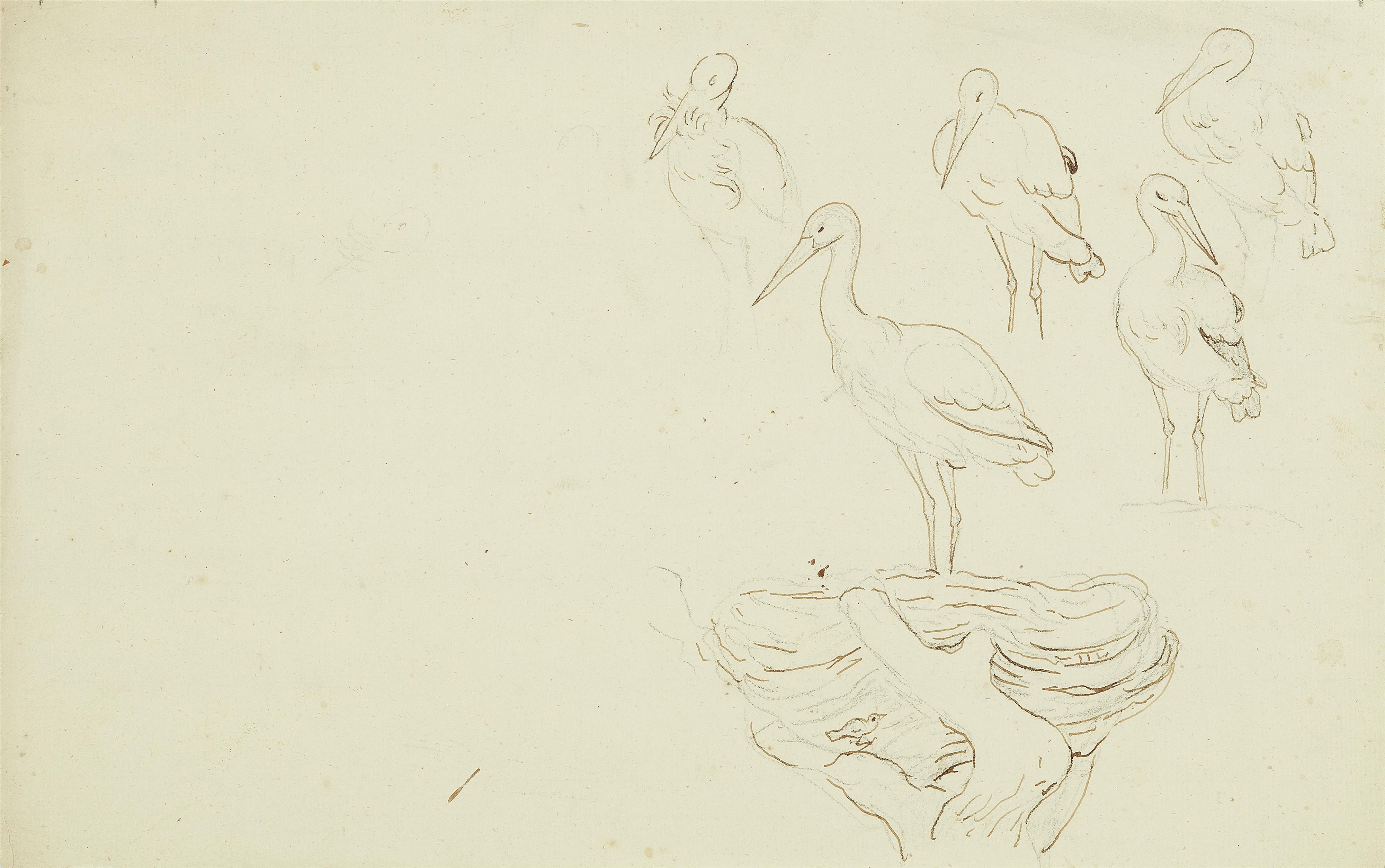 Johann Heinrich Wilhelm Tischbein - Storch und Enten in Sommerlandschaft 
Dazu: Zwei Bleistiftskizzen mit Störchen - image-2