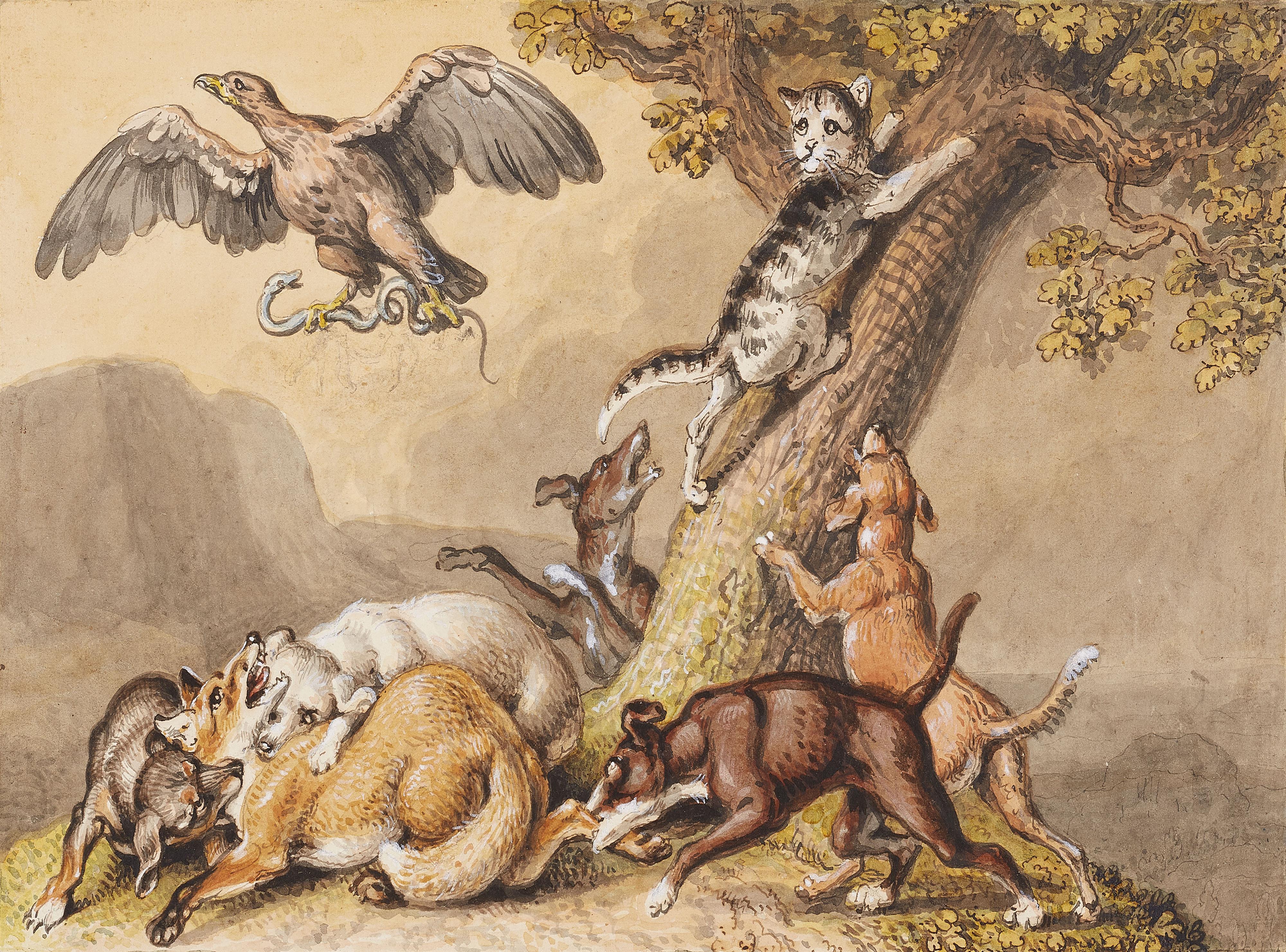 Johann Heinrich Wilhelm Tischbein - Die Katze flüchtet auf einen Baum und die Hunde beißen den Fuchs - image-1