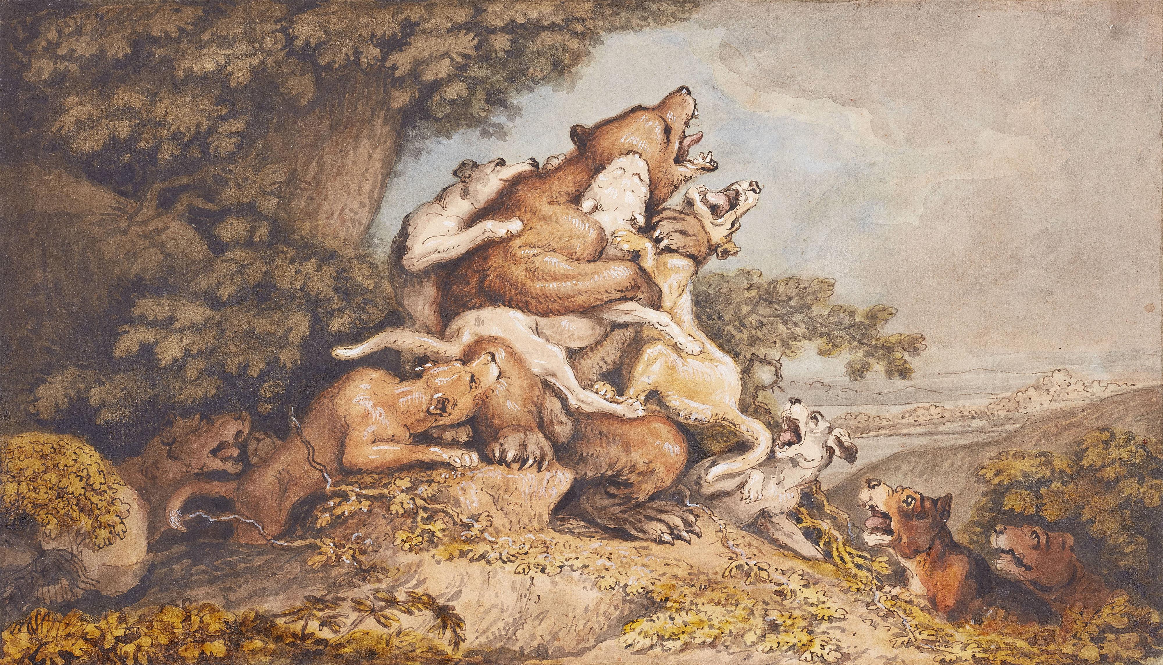 Johann Heinrich Wilhelm Tischbein - Bear fighting with hunting Dogs

Includes: Chalk sketch, hunting dog attacks a bear - image-1