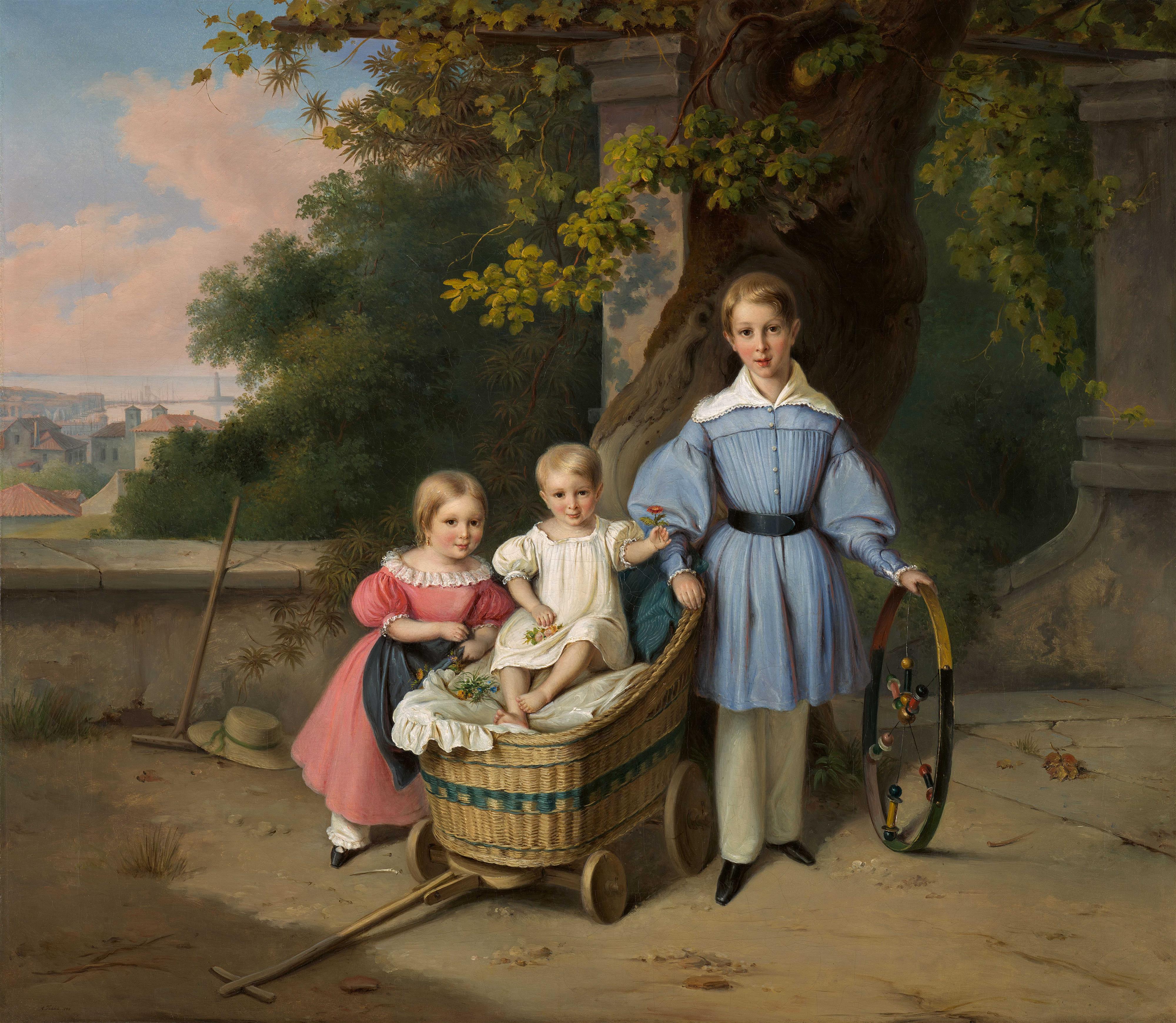 August Anton Tischbein - Portrait of three Children on a Terrace with a View of Triest - image-1