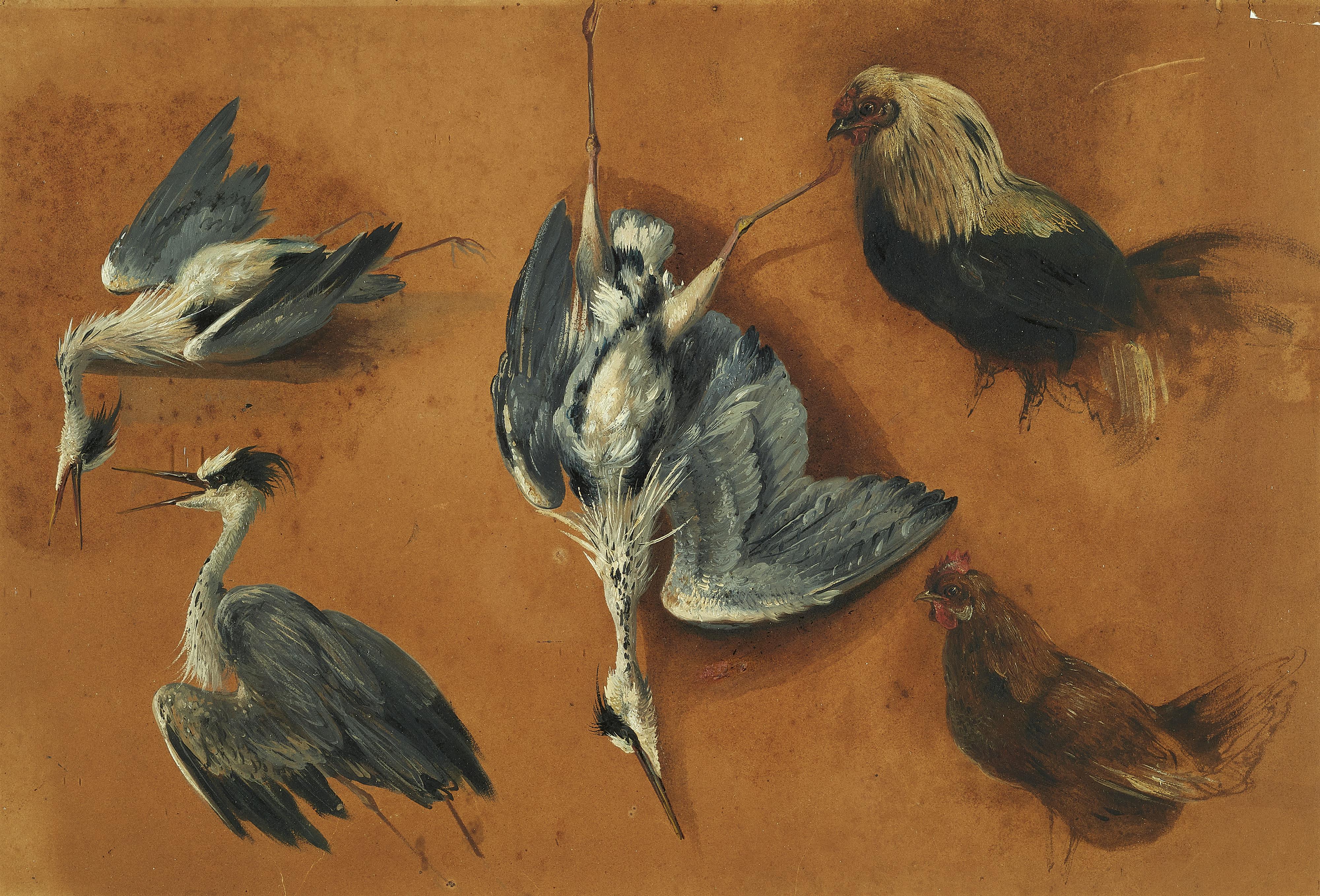 Èduard Treviès - Three Studies of a Heron and Hens - image-1