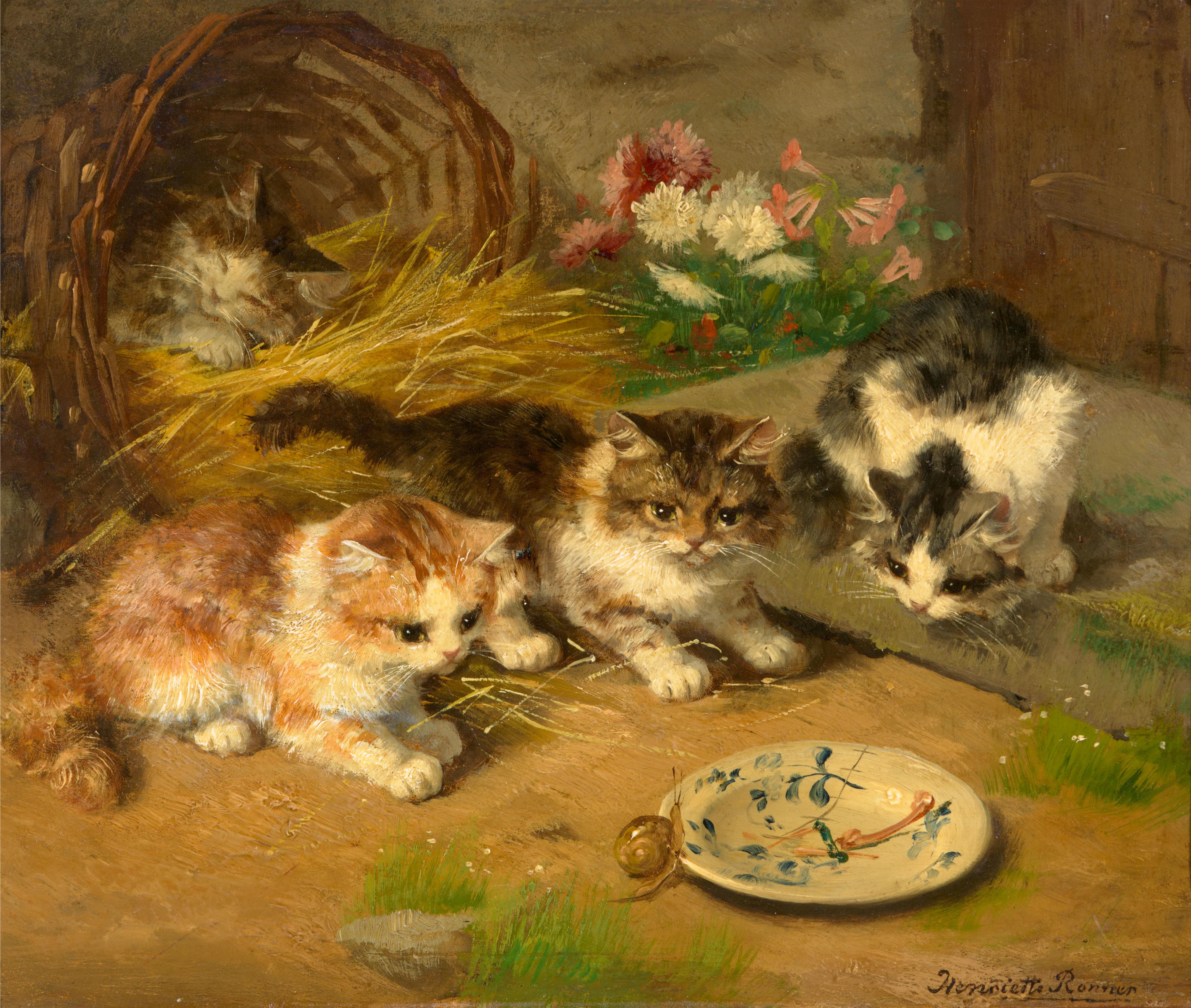 Henriette Ronner-Knip - Vier Kätzchen belauern eine Schnecke - image-1
