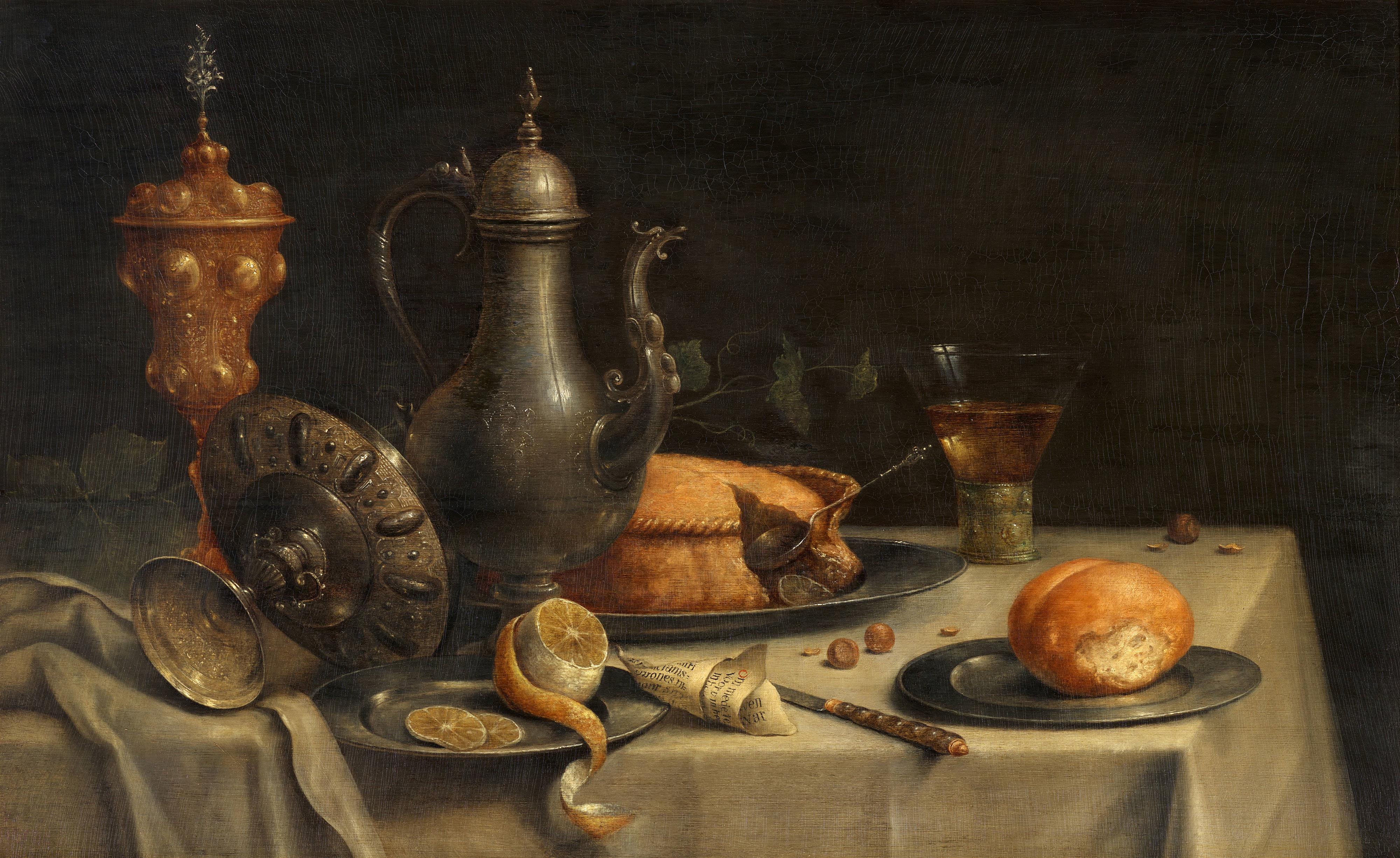 Willem Claesz. Heda, in the manner of - Still Life with a Fruit Pastry, Pewter Jug, Silver Tazza, Gilded Chalice, Berkemeyer, Lemon, Bread and Hazelnuts - image-1