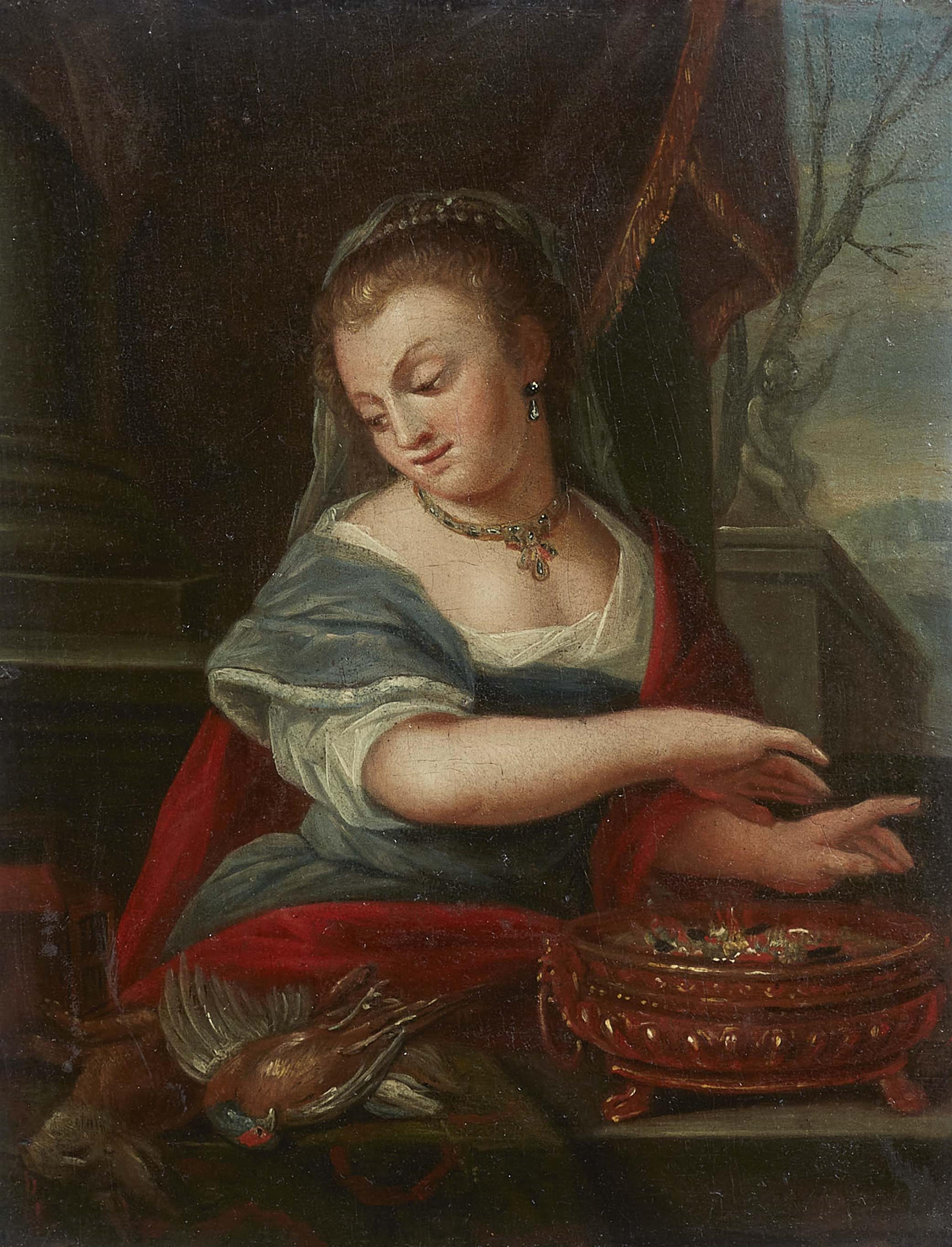 Niederländischer Meister des 18. Jahrhunderts - Junge Frau mit Feuerschale und Wildbret - image-1