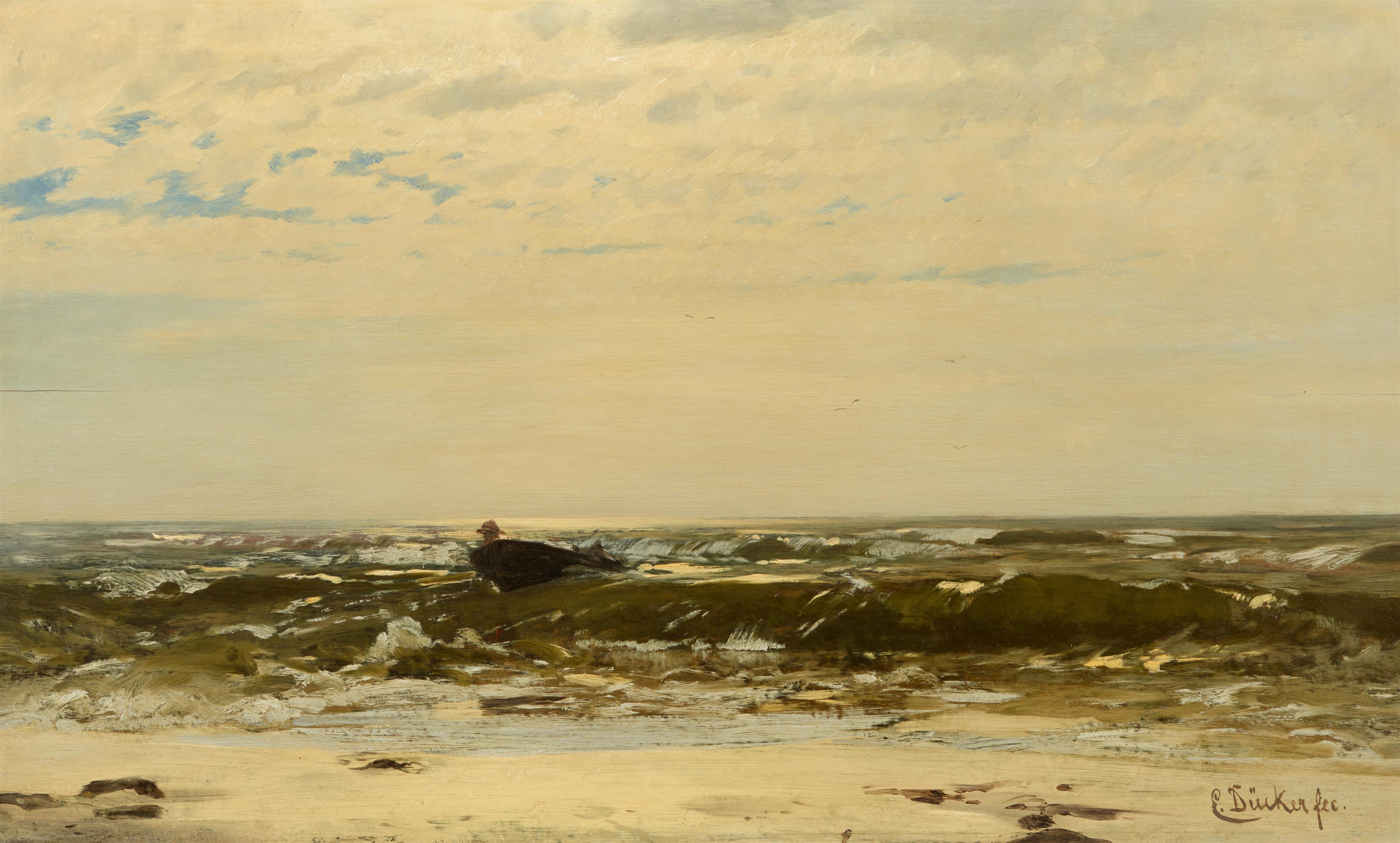 Eugène Gustav Dücker - Ostseestrand mit Blick auf das Meer und einem Boot - image-1
