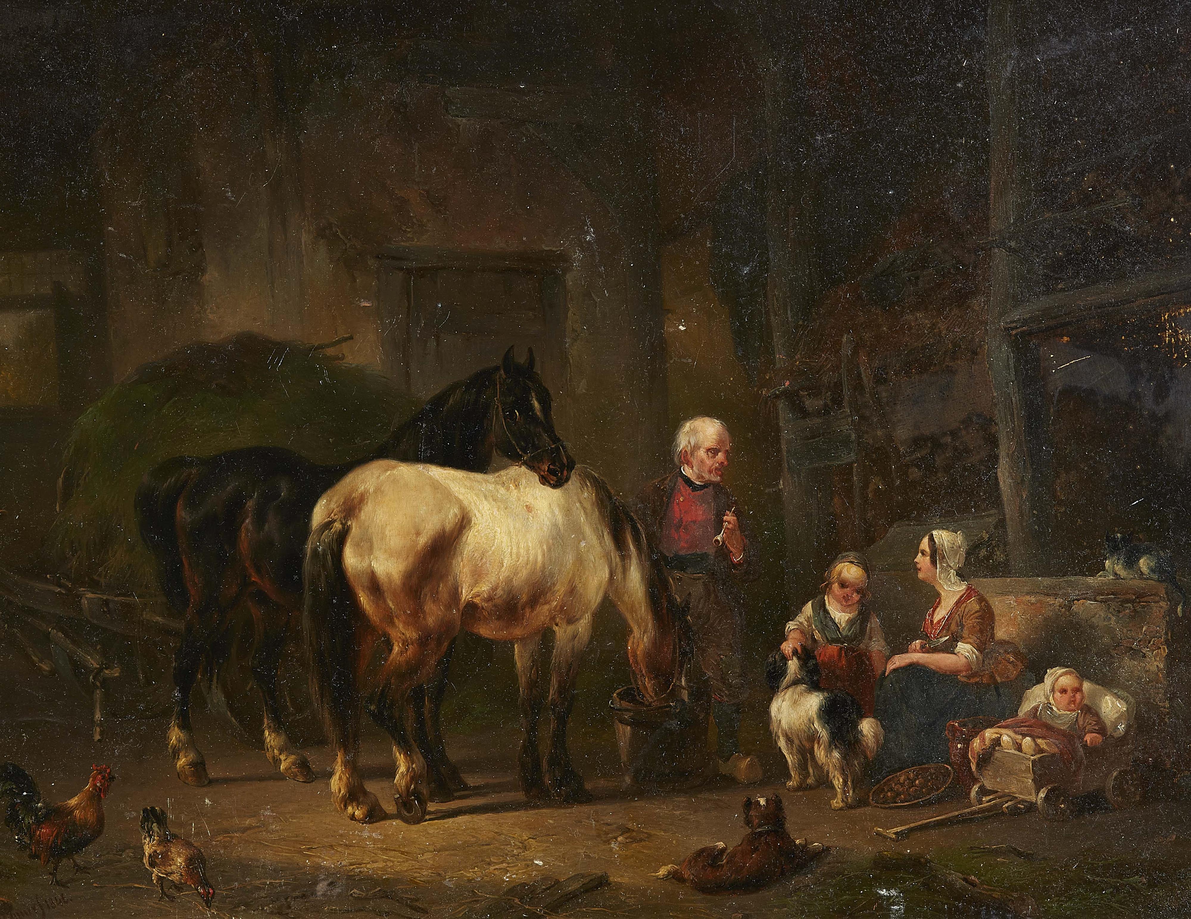 Wouter Verschuur - Stallinterieur mit zwei Pferden, Stallknecht und junger Familie - image-1