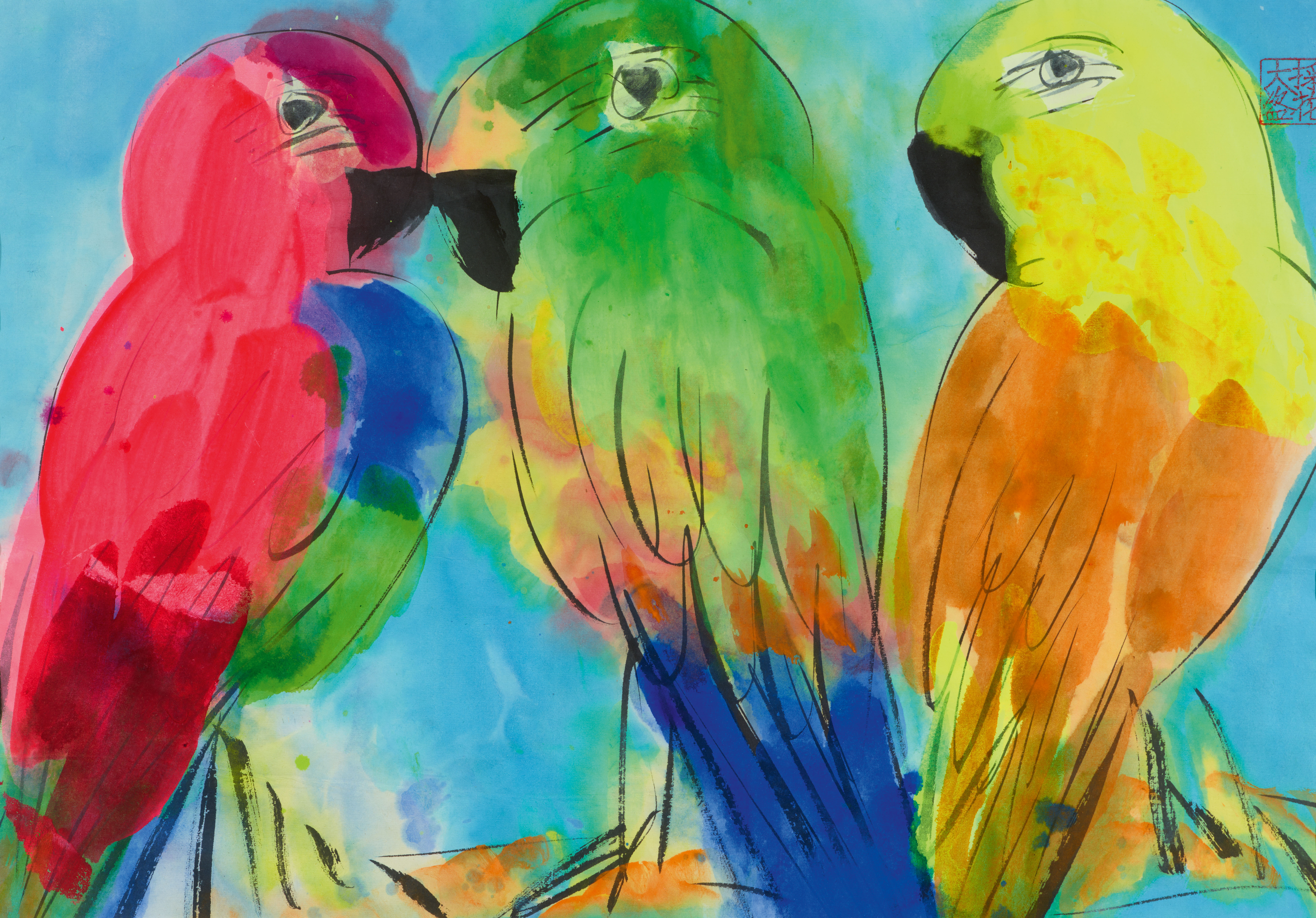 Walasse Ting - Walasse Ting (1929–2010), Untitled (Three parrots) - image-1