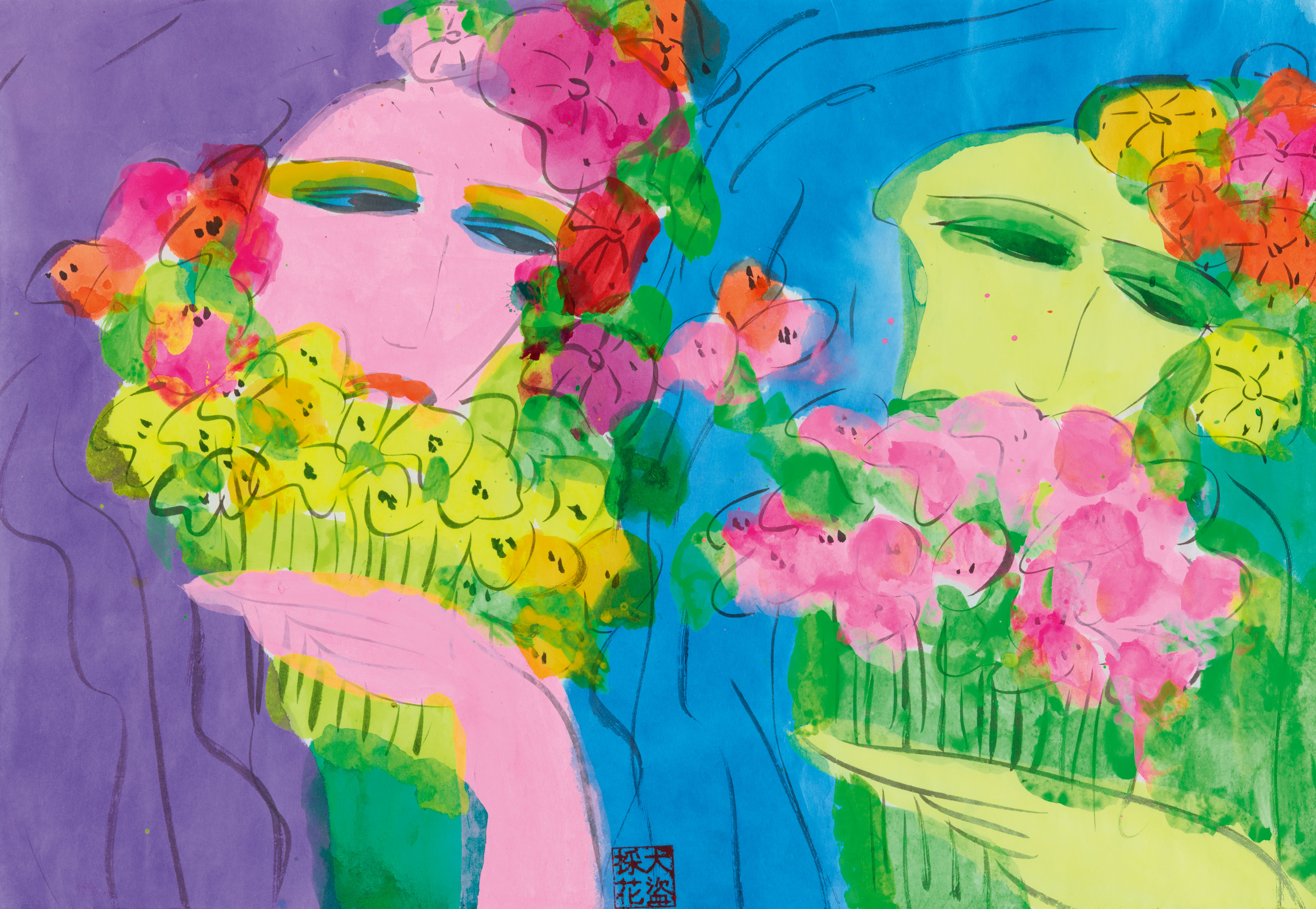 Walasse Ting - Walasse Ting (1929–2010), untitled (Two Women with flowers). - image-1