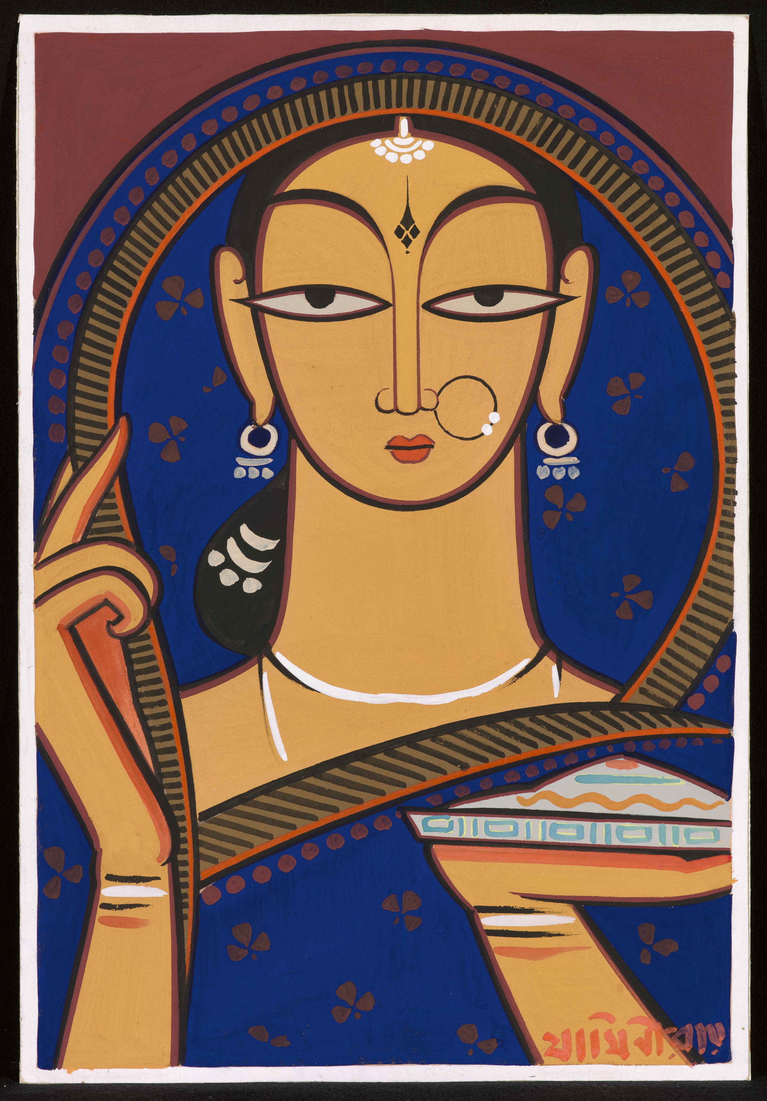 Jamini Roy (1887-1972) o.T. (Frau in Blau). Tempera auf Karton. Ca. 1940. - image-2