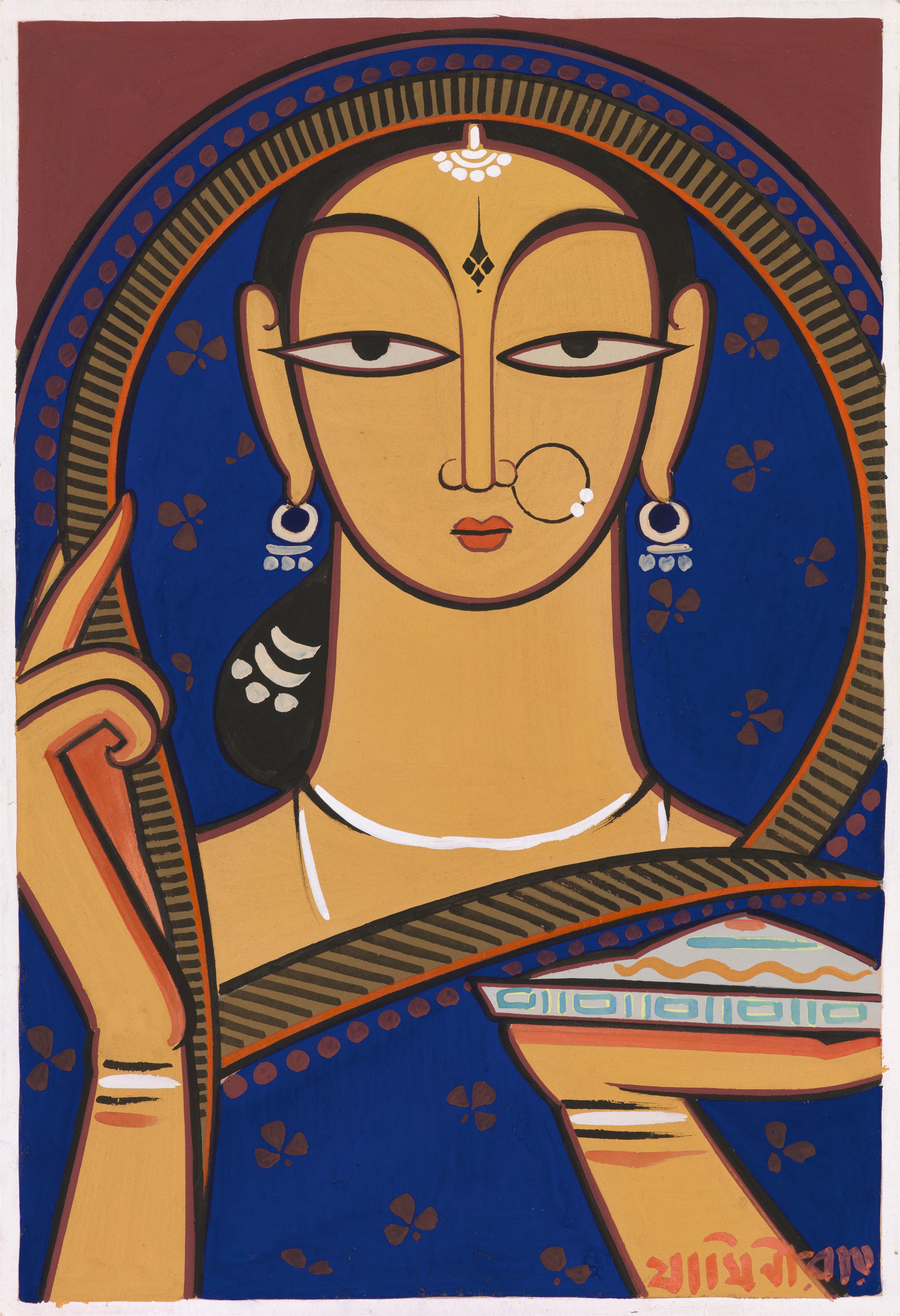 Jamini Roy (1887-1972) o.T. (Frau in Blau). Tempera auf Karton. Ca. 1940. - image-1