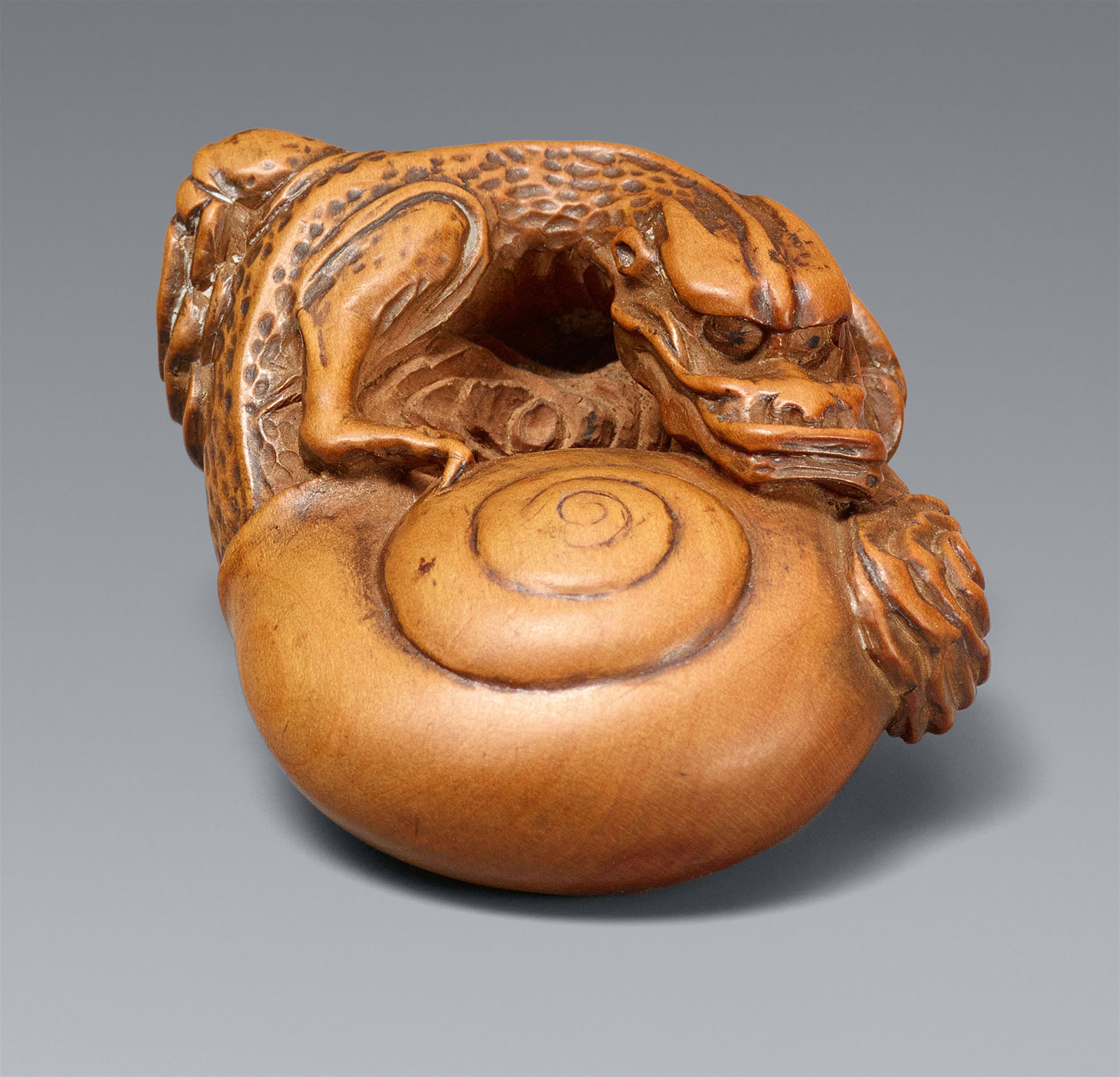 A light boxwood netsuke of a dragon emerging from a snail shell. 19th century - image-2