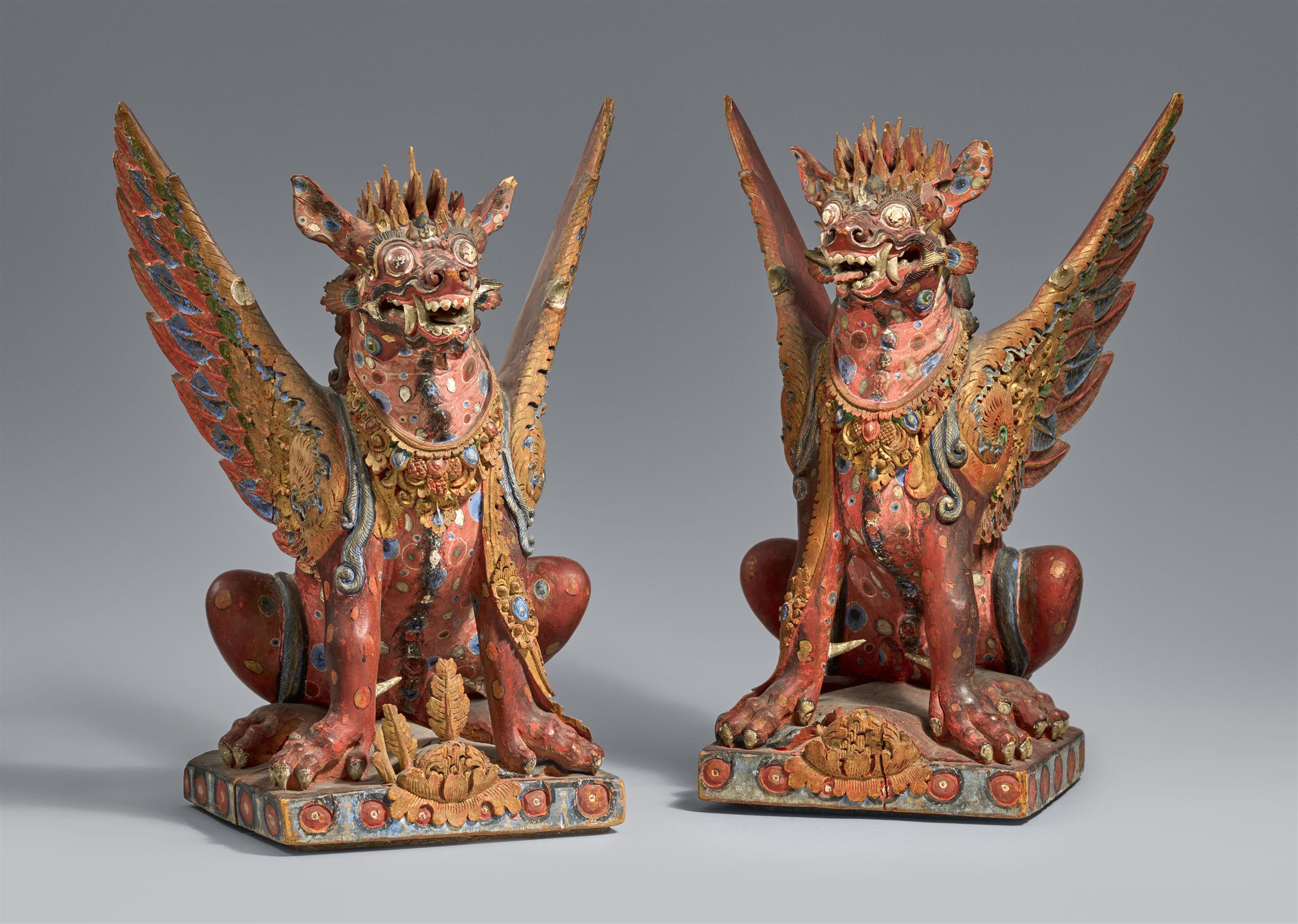 Two Bali polychromed wood figures of winged lions (singha). Indonesia. 20th century - image-1