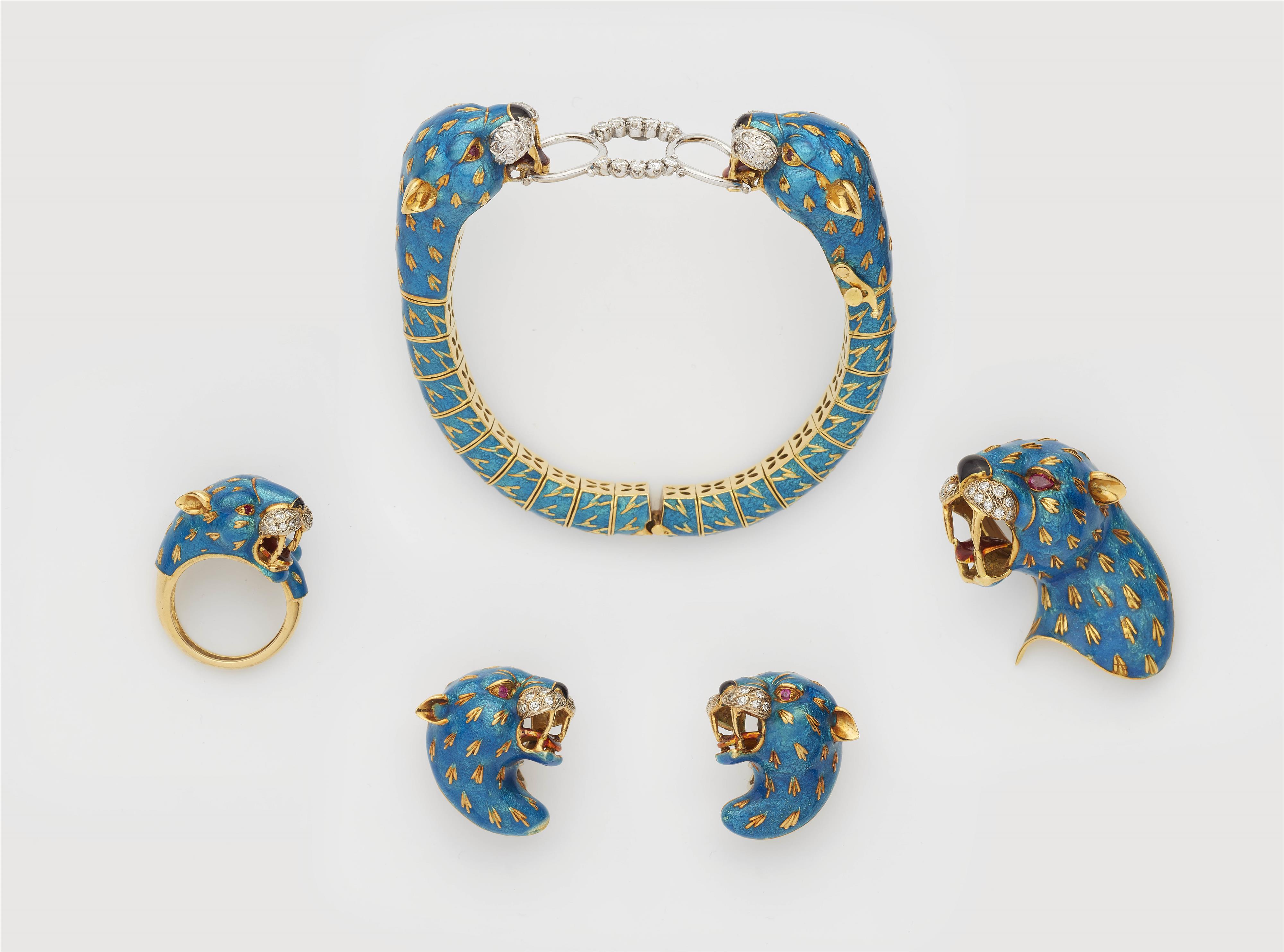 An 18k gold diamond and enamel demi-parure from the "Bestario Feroce" collection by Pierino Frascarolo. - image-1