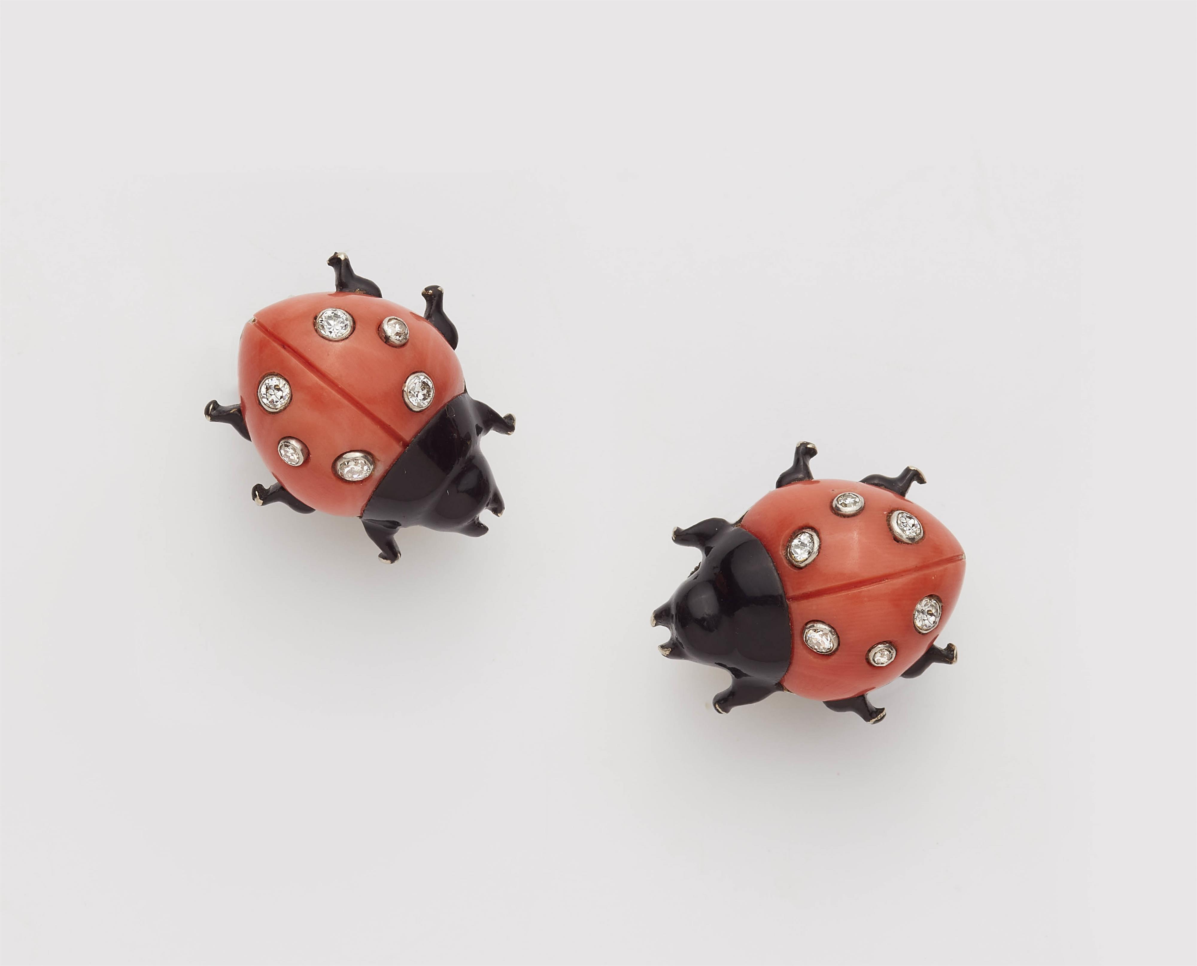 A pair of French Art Déco 18k gold coral enamel and diamond ladybird clip earrings. - image-1