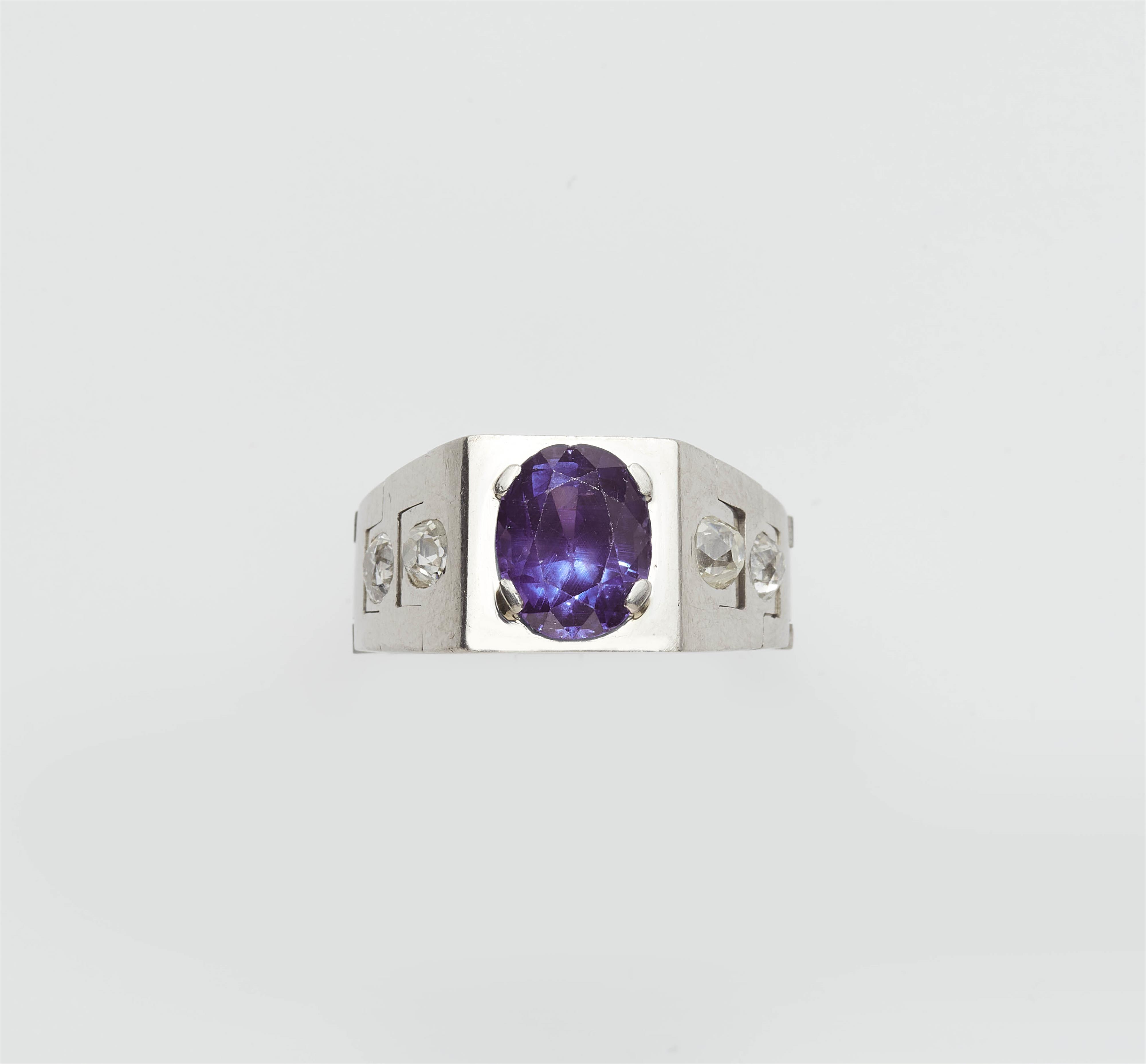 A French Art Deco platinum diamond chain ring with a rare colour change Ceylon sapphire. - image-3
