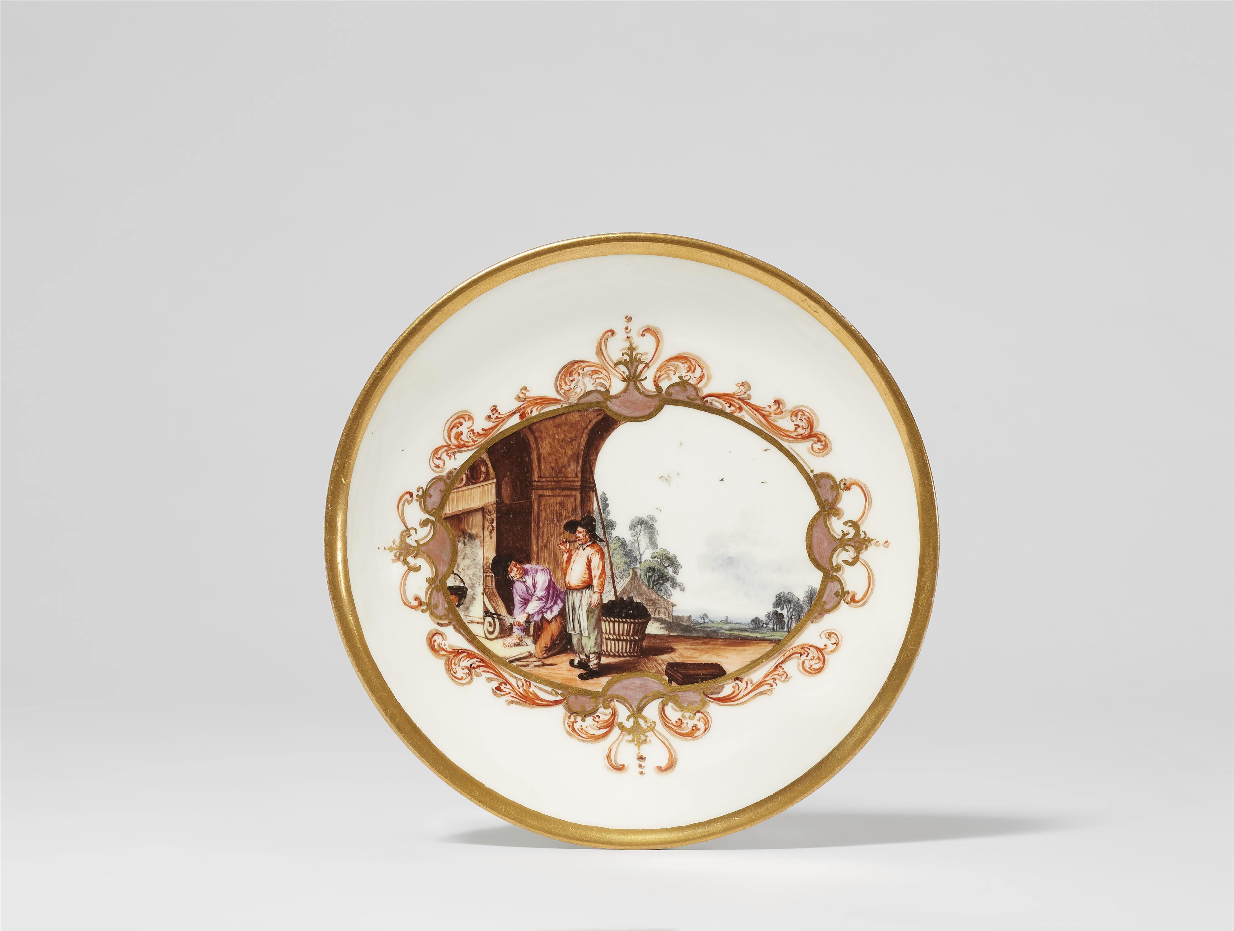 An early Meissen porcelain tea bowl with a peasant scene - image-2