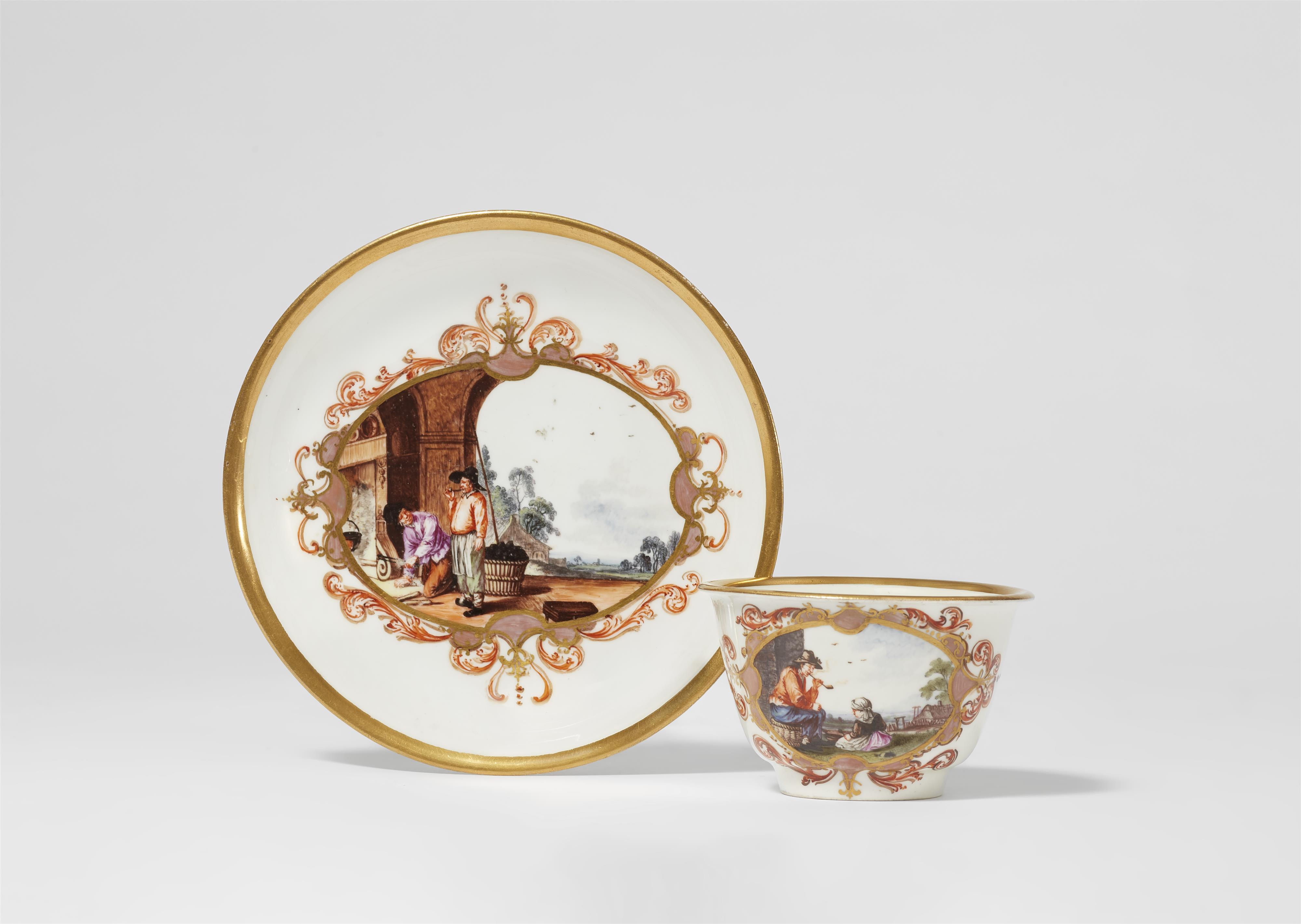 An early Meissen porcelain tea bowl with a peasant scene - image-1