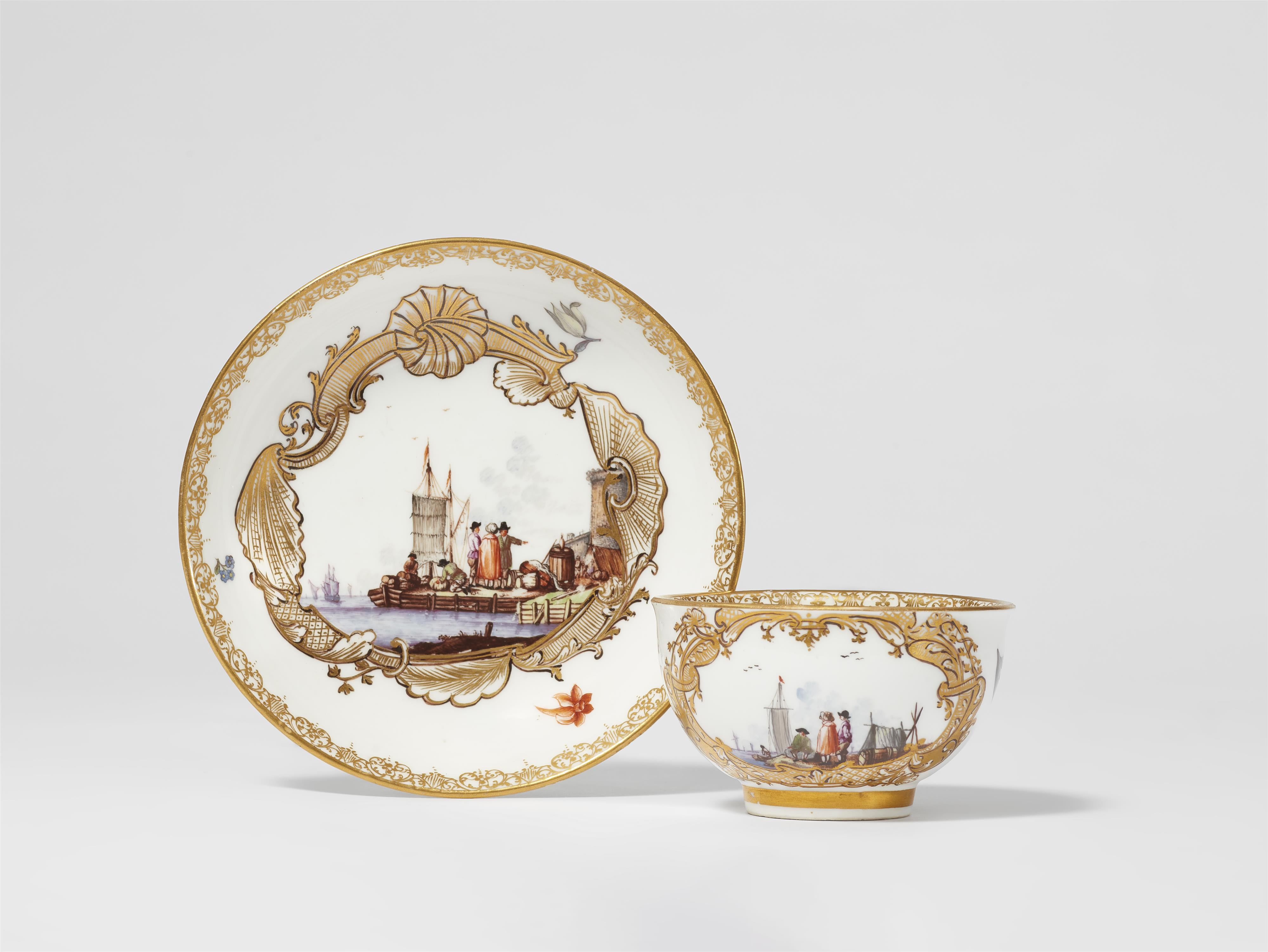 A Meissen porcelain tea bowl and saucer with merchant navy scenes - image-1