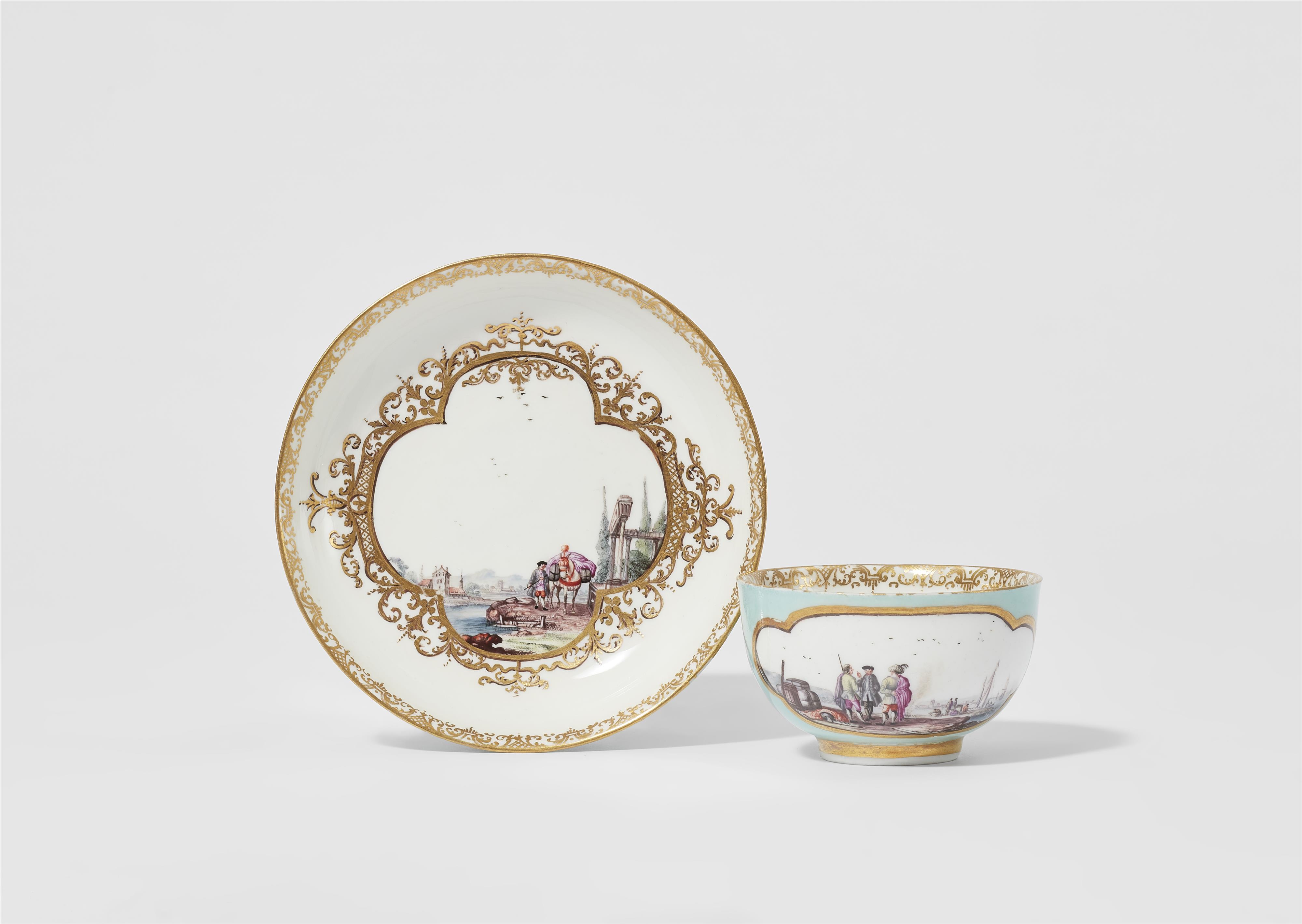 A Meissen porcelain cup with a merchant navy scene and saucer - image-1