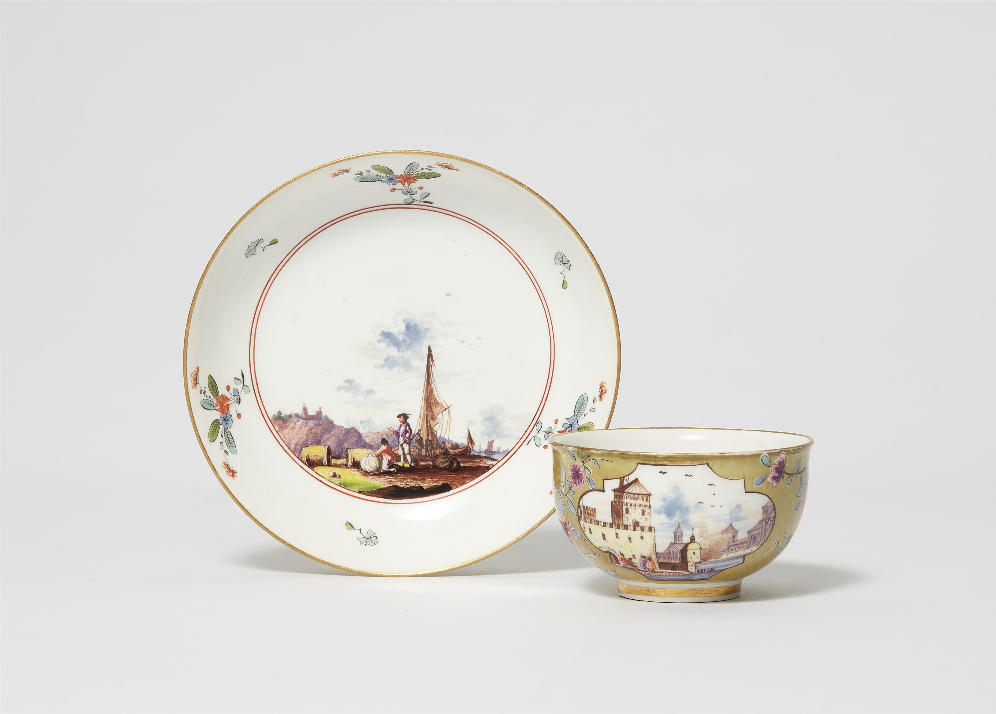 A Meissen porcelain tea bowl and saucer with vedutas and pea green ground - image-1