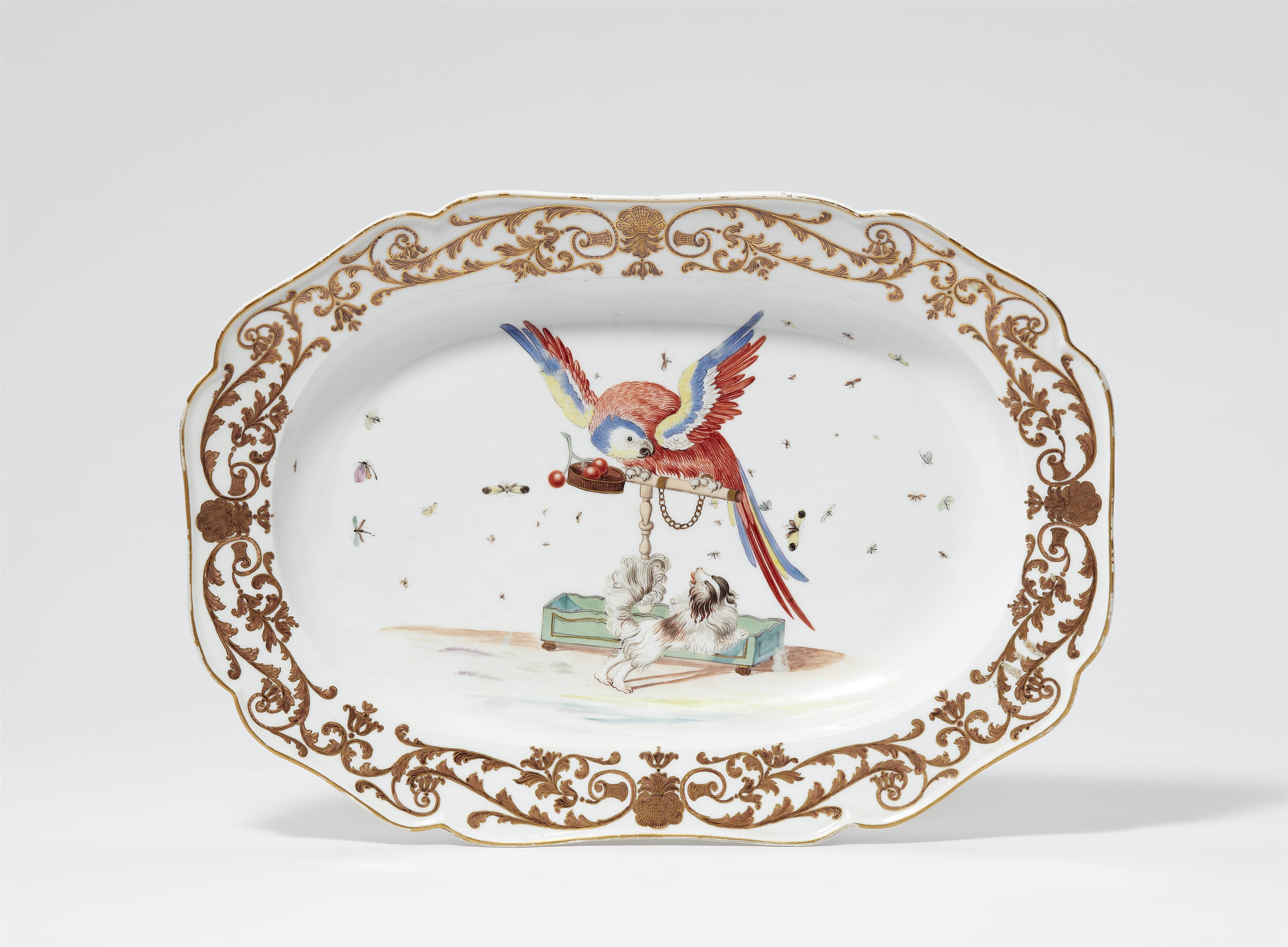 A large Meissen porcelain platter with a parrot and a Bolognese dog - image-1