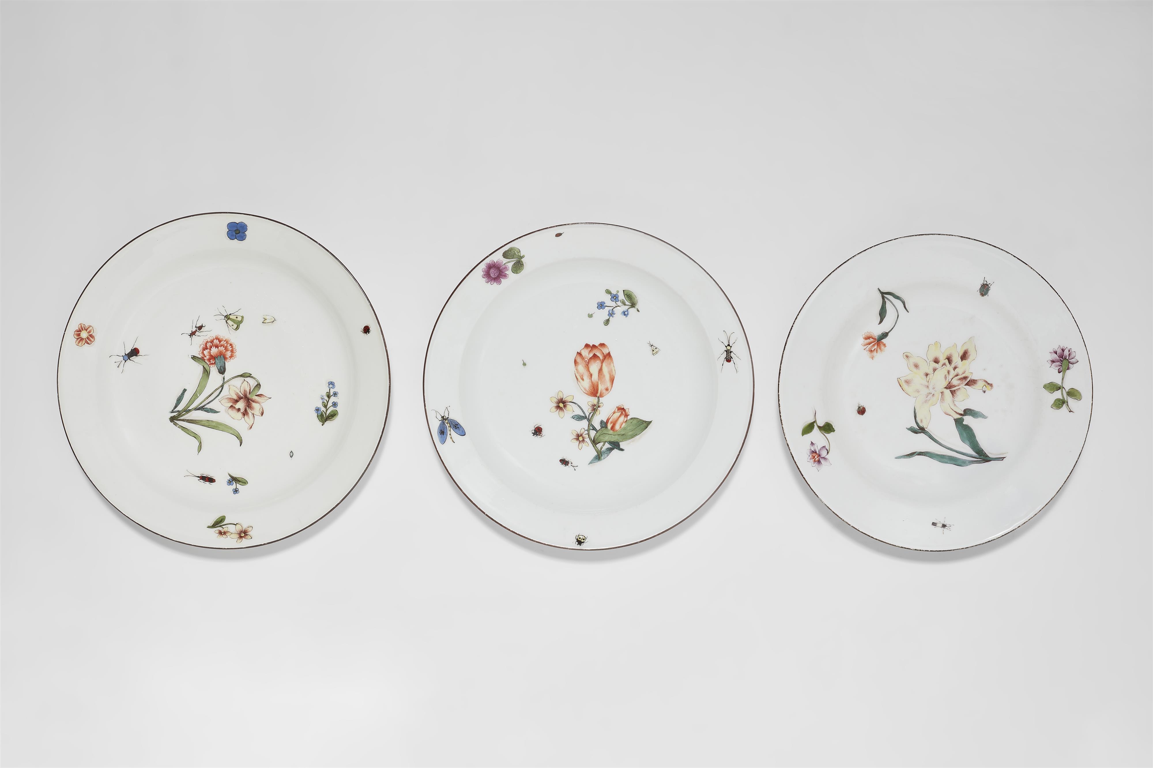 Three Meissen porcelain plates with "woodcut" flowers and insects - image-1
