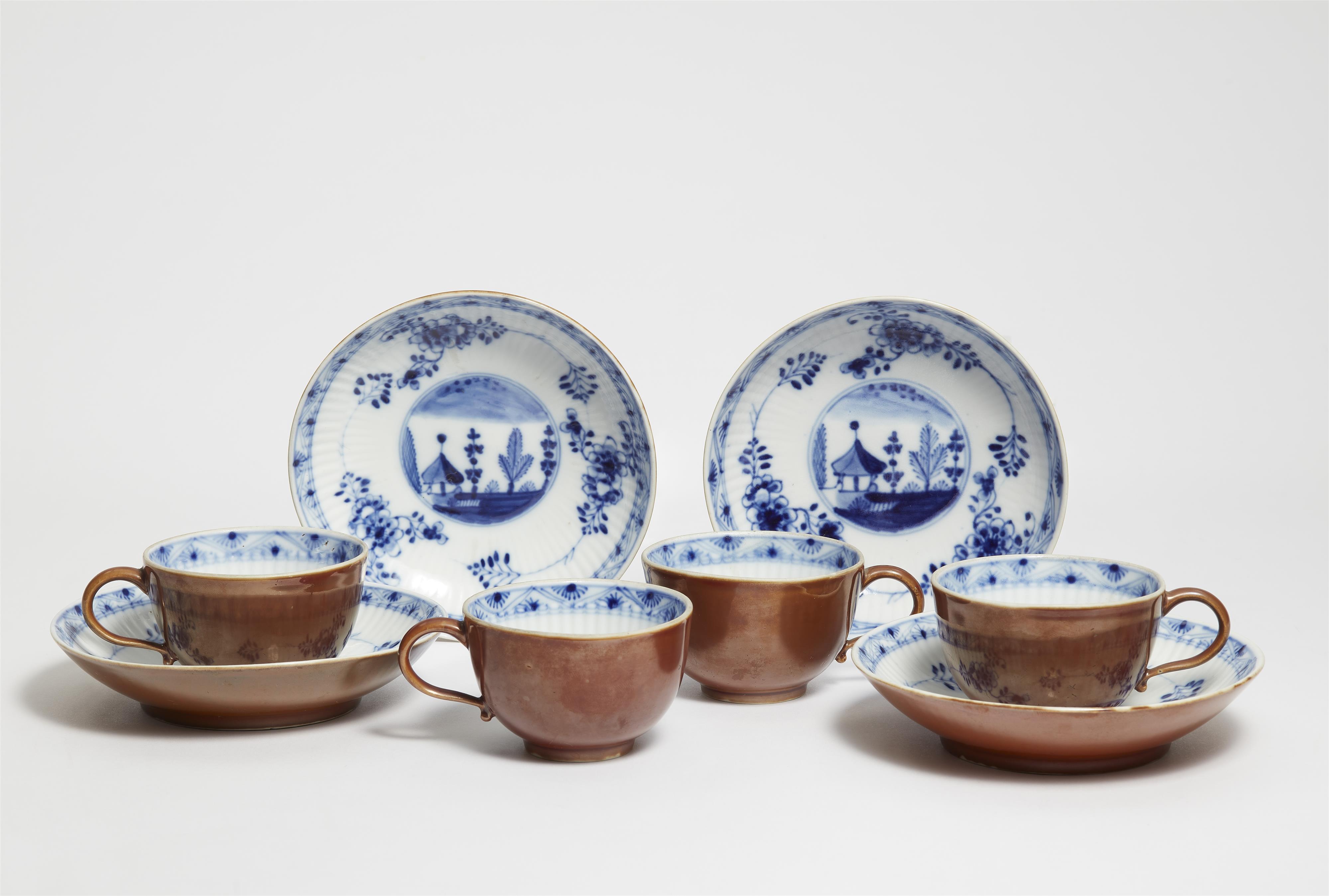 Four Meissen porcelain cups and saucers with Chinoiserie landscapes and coloured grounds - image-1