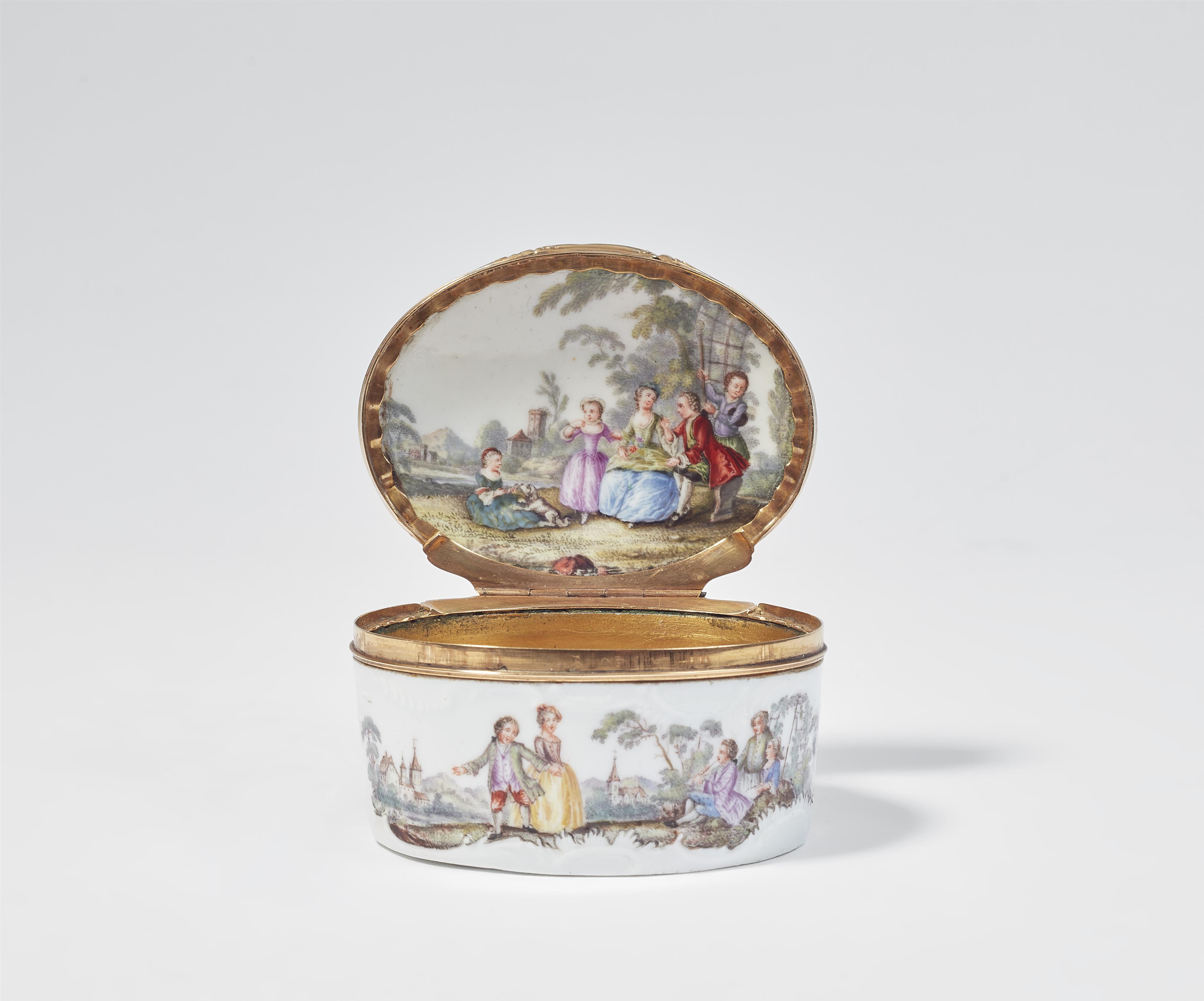 An oval porcelain snuff box with Watteau style scenes - image-2