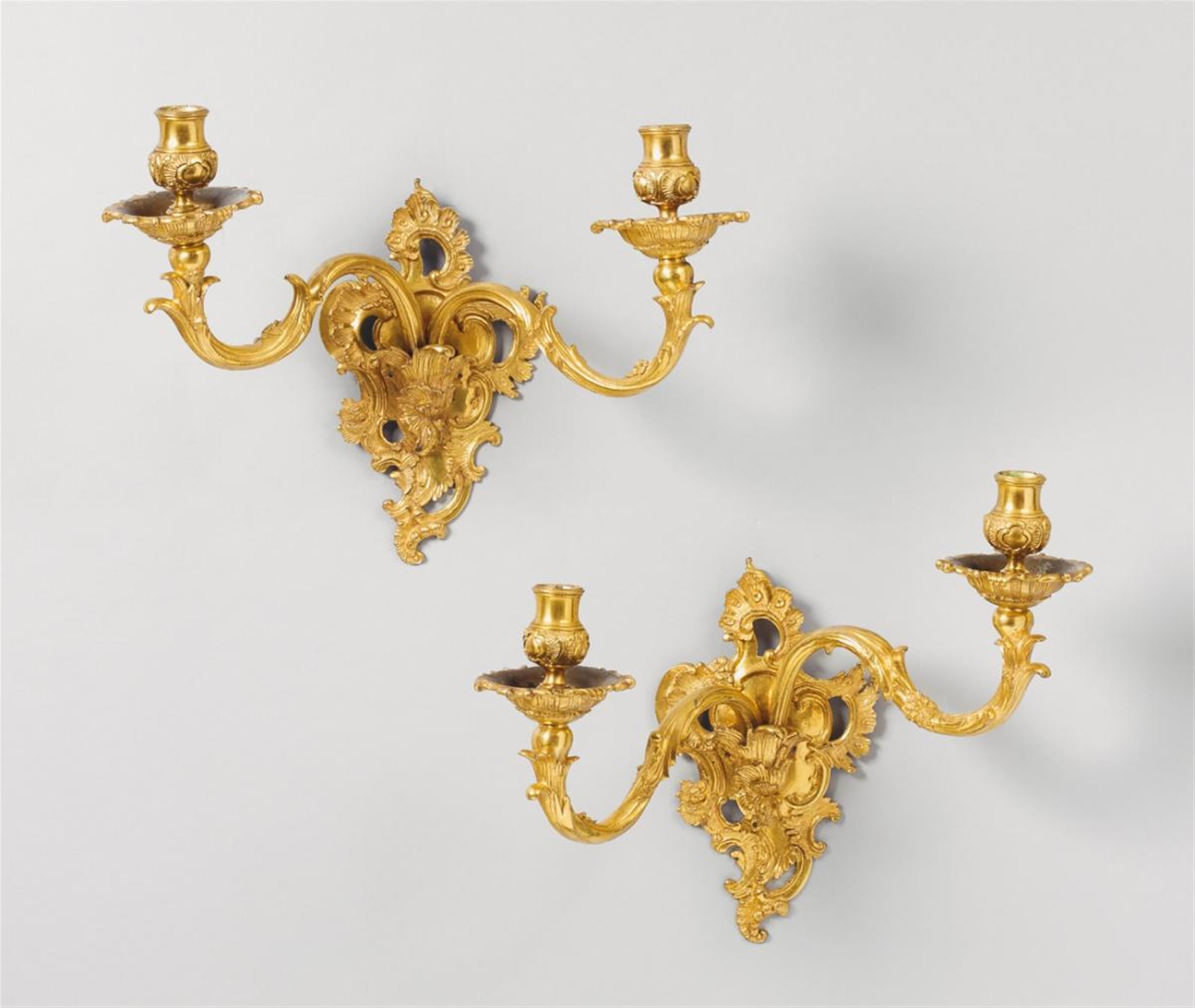 An extremely rare pair of Würzburg chased ormolu twin-branch wall lights - image-1