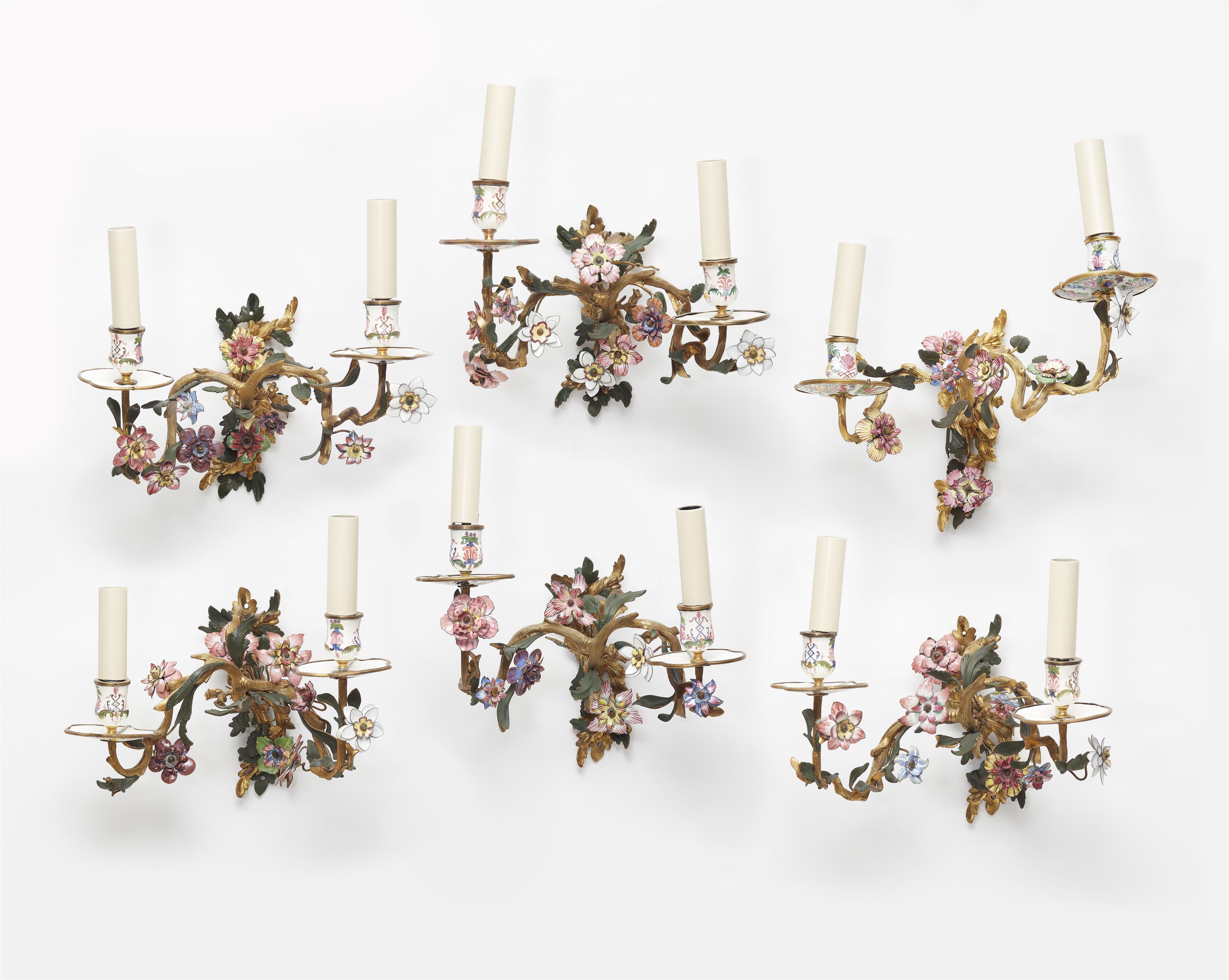 Three pairs of gilt and green painted bronze wall lights with enamel flowers - image-1