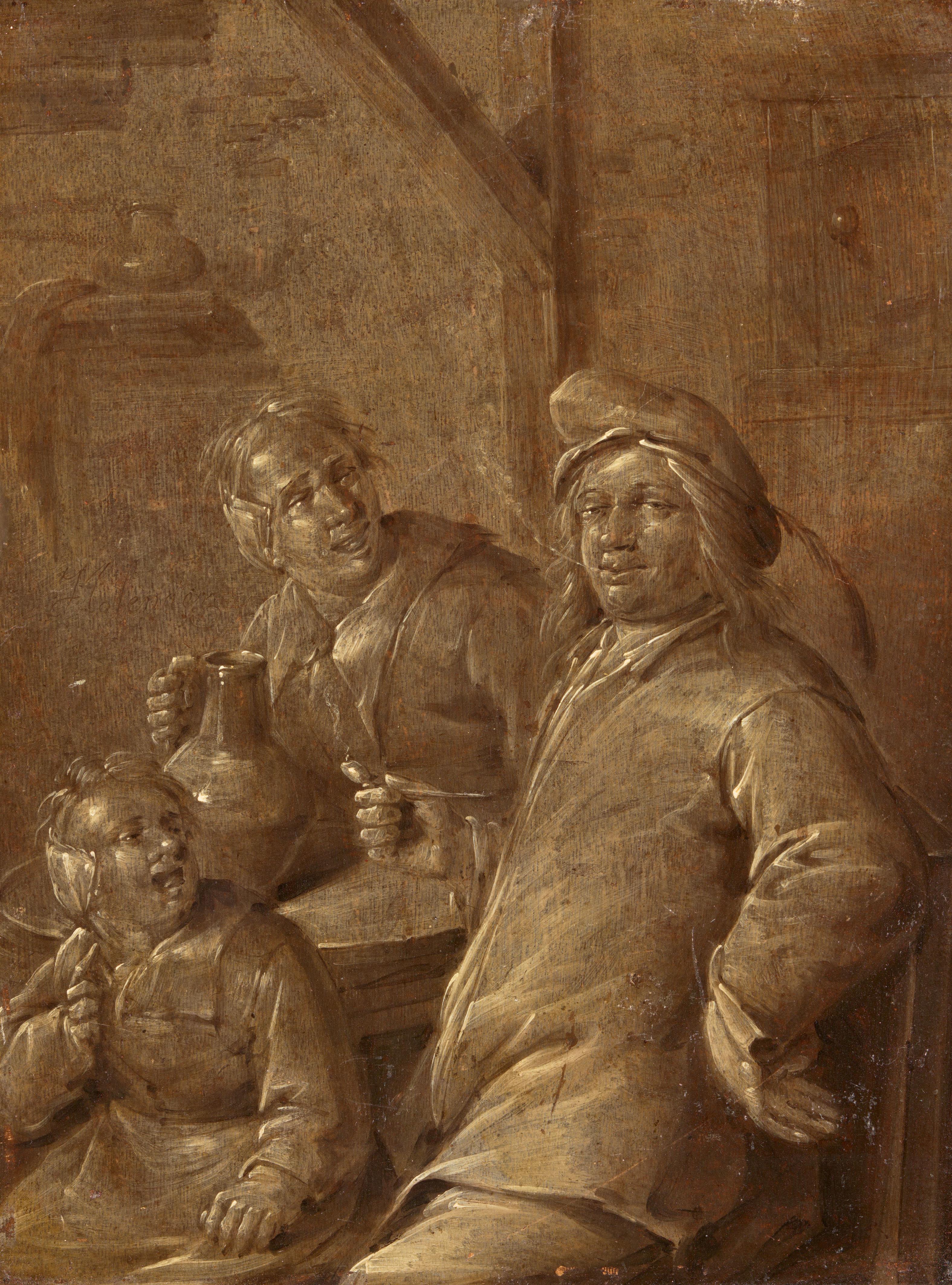 Jan Miense Molenaer - Pair of Grisailles with Groups of three Figures Drinking and Smoking - image-2