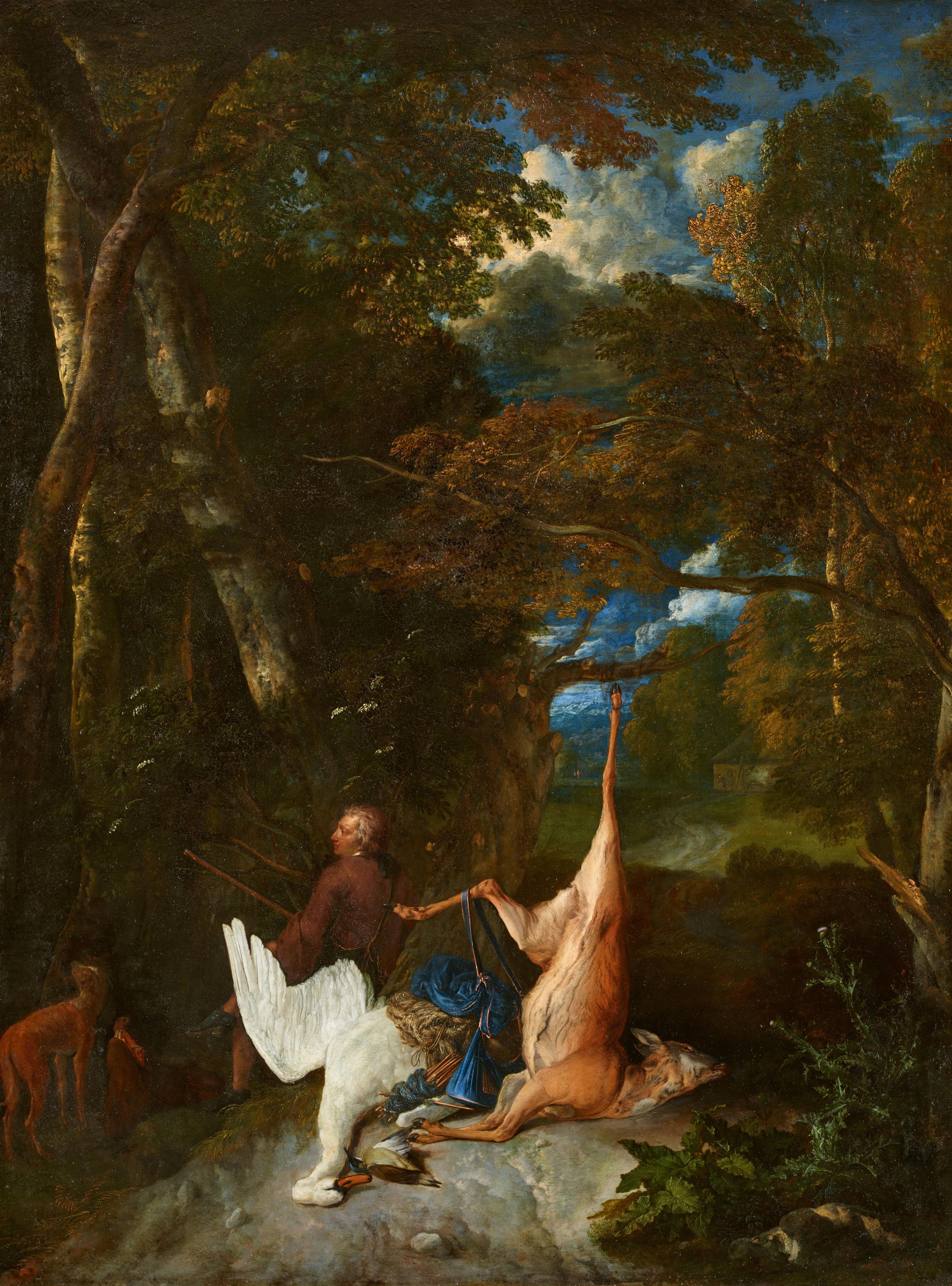 Pieter Gijsels - A swan, a deer and other game, in a forest landscape with a huntsman seated beyond - image-1