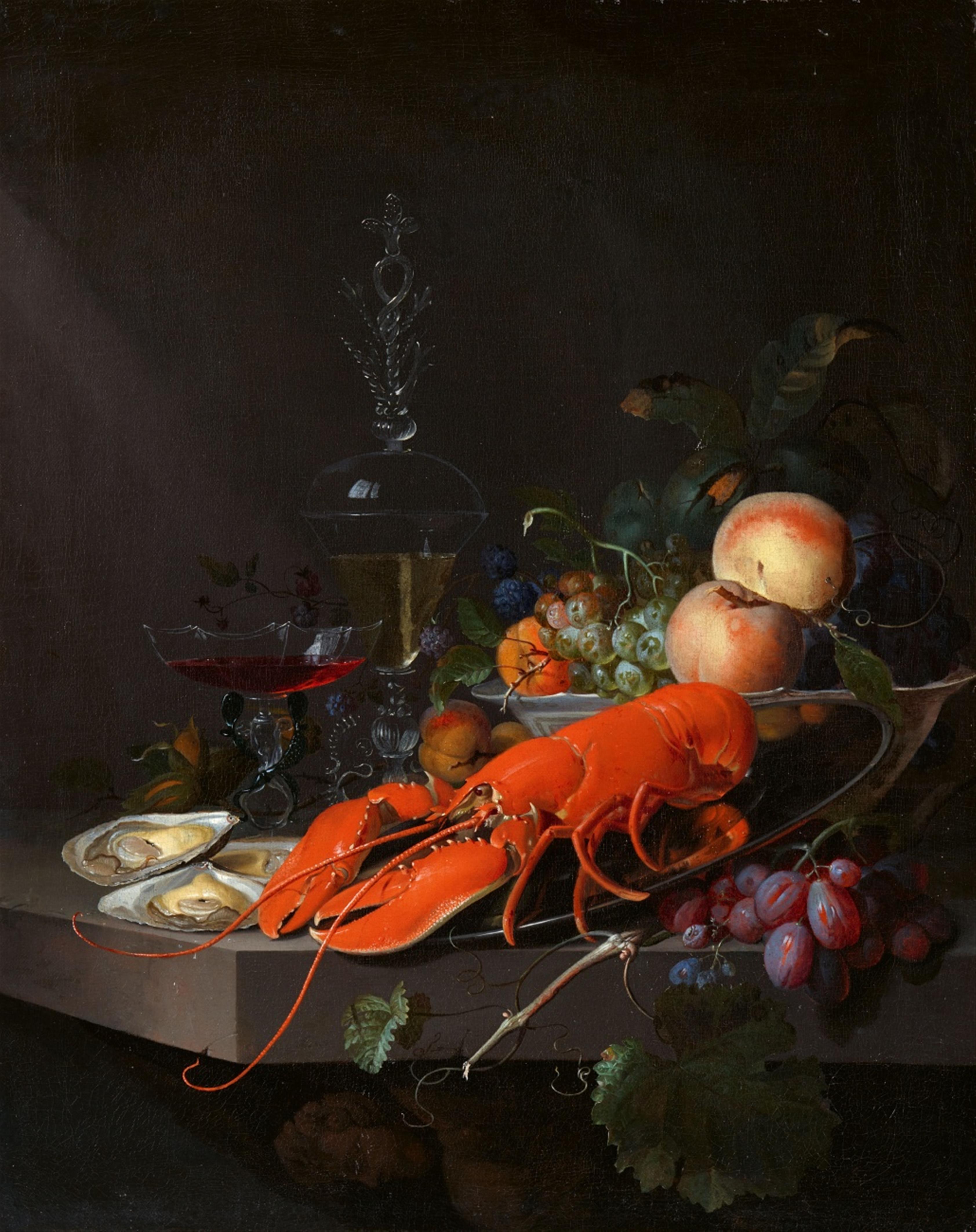 Jacob van Walscapelle - Lobster on a Pewter Plate with Fruit and Wine Glasses on a Ledge - image-1