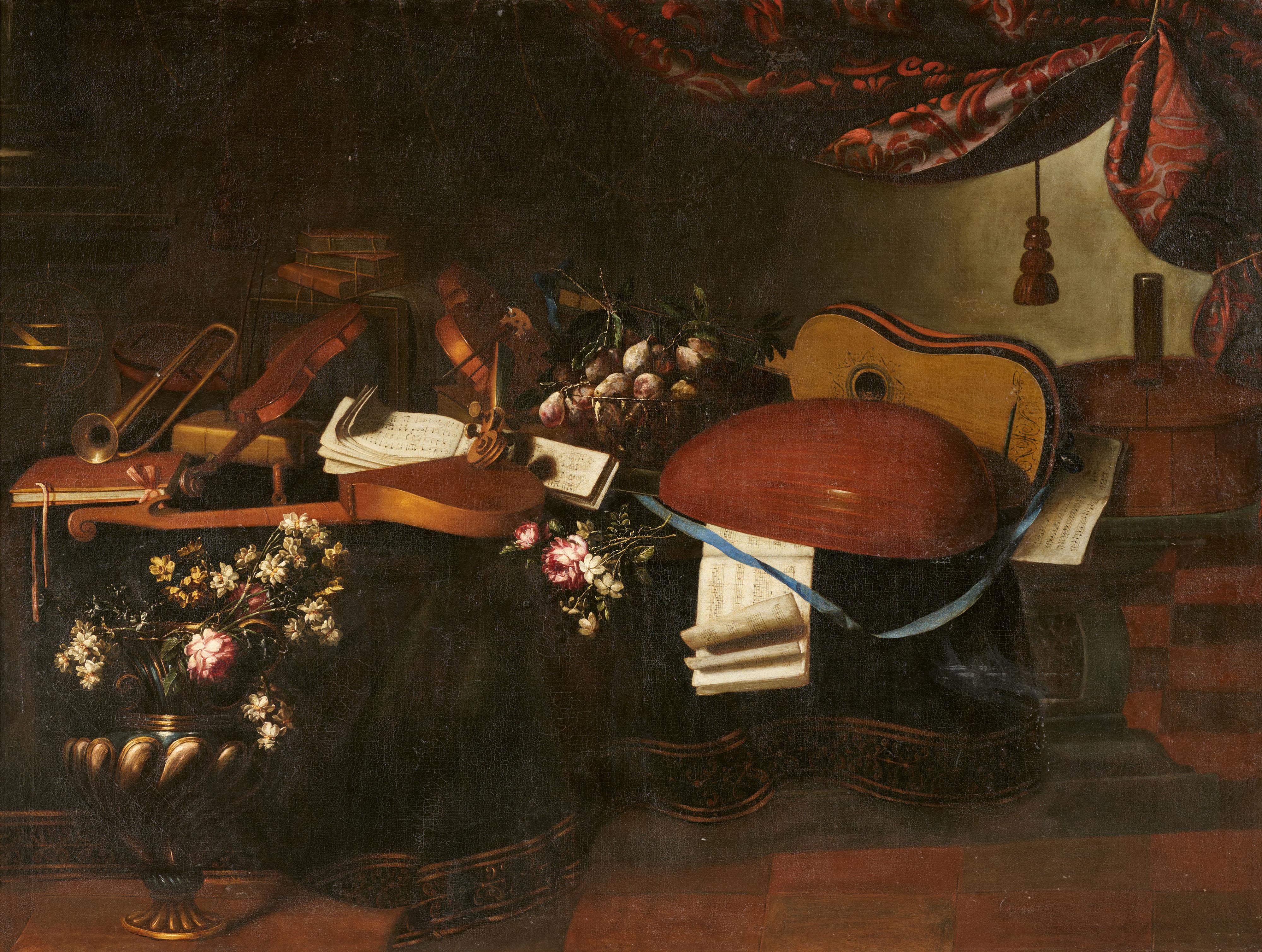 Bartolomeo Bettera - A vanitas still life with musical instruments, musical notebooks and an armillary sphere - image-1