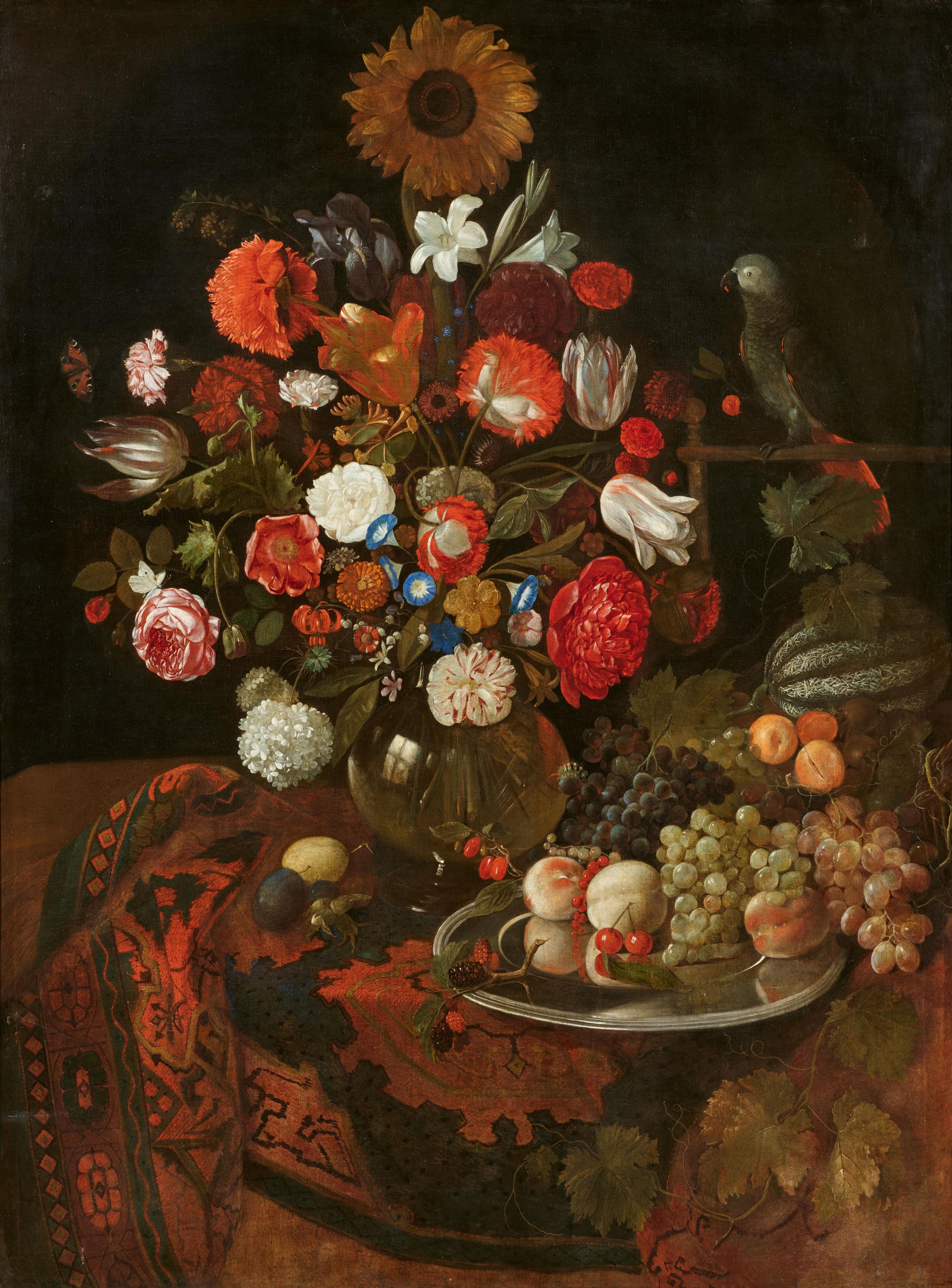 Jakob Rootius - Stillleben mit Blumen, Früchten und Papagei - image-1
