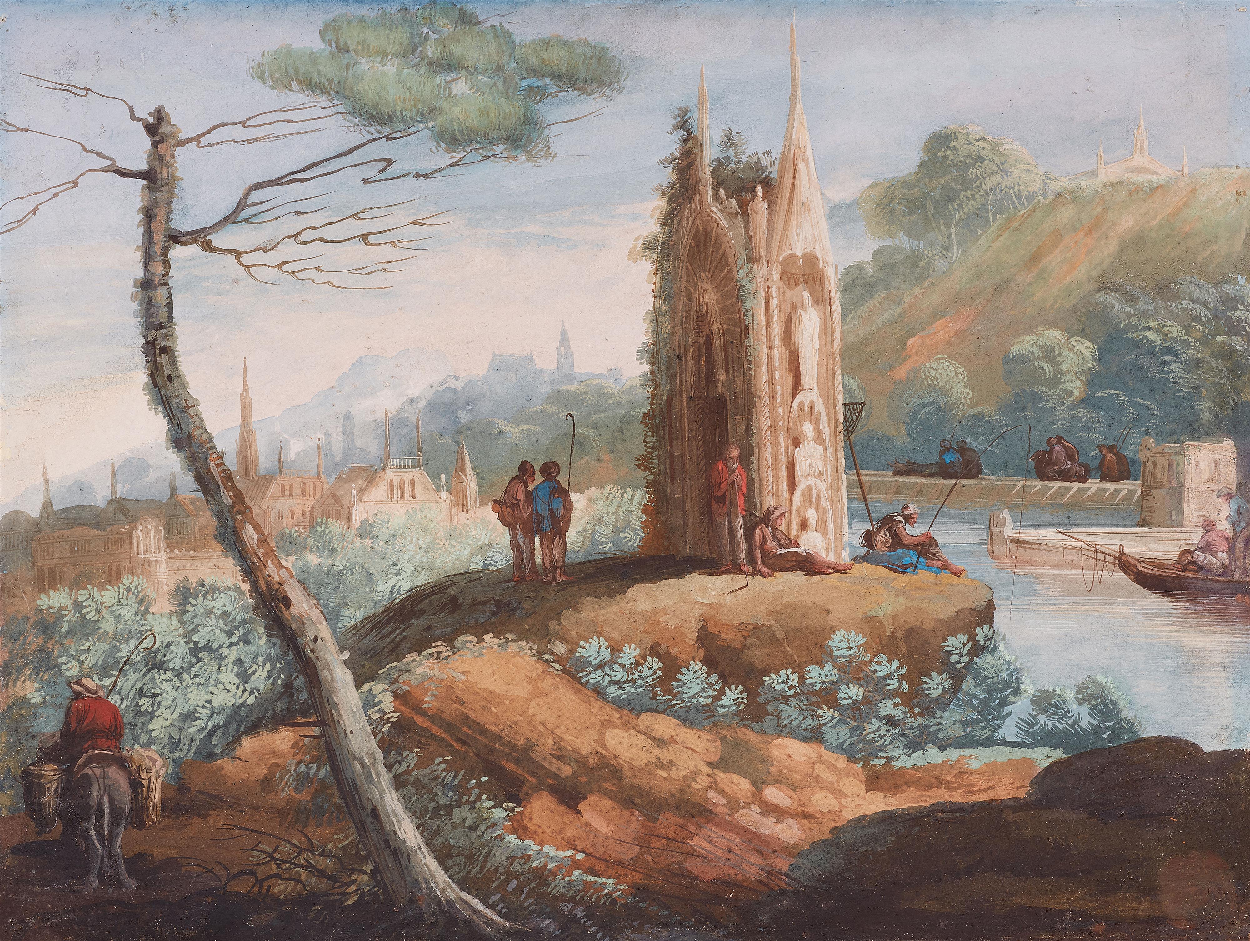 Bernardino Giuseppe Bison - Phantasielandschaft mit Fluss, einem Denkmal und Anglern - image-1