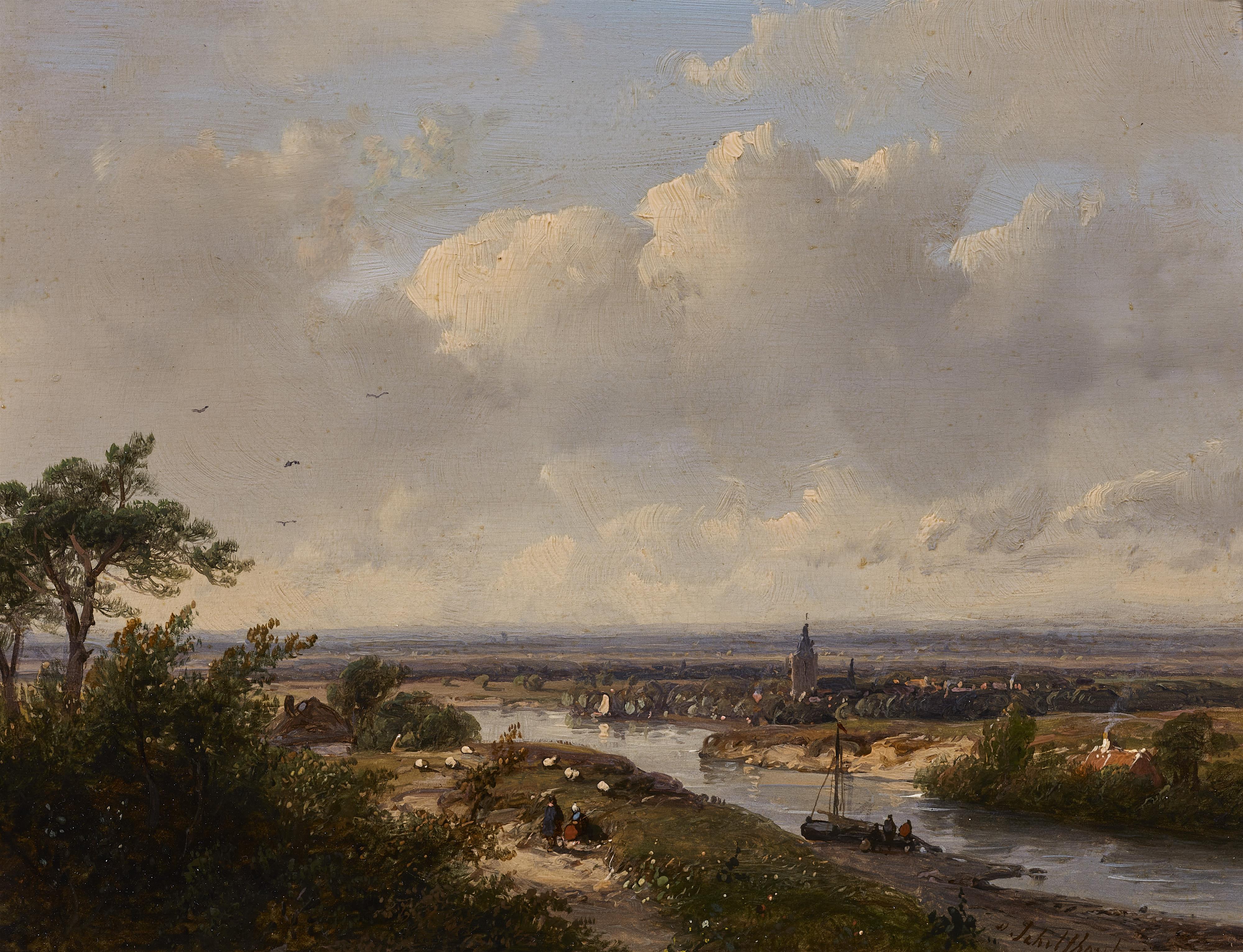 Andreas Schelfhout - River Landscape with a Village - image-1