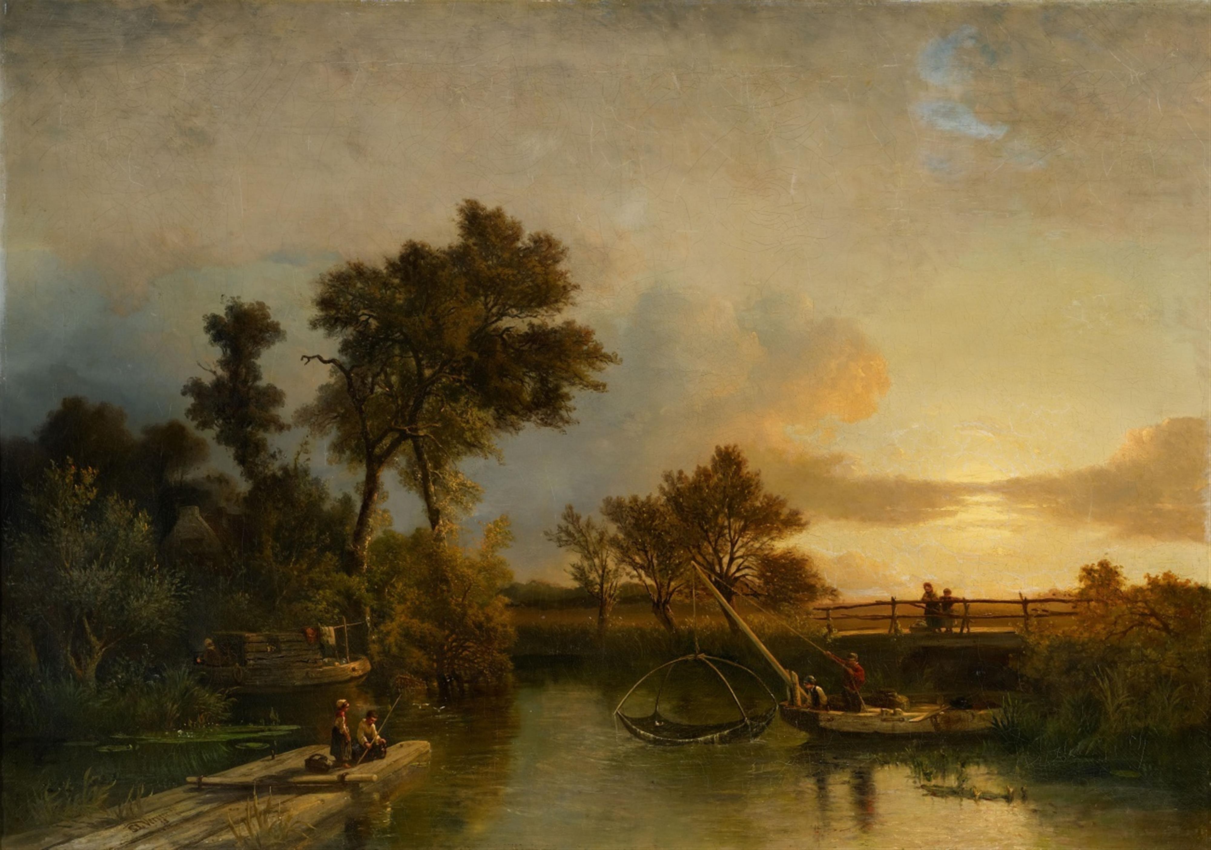 Salomon Leonardus Verveer - Evening Landscape with Children Fishing - image-1