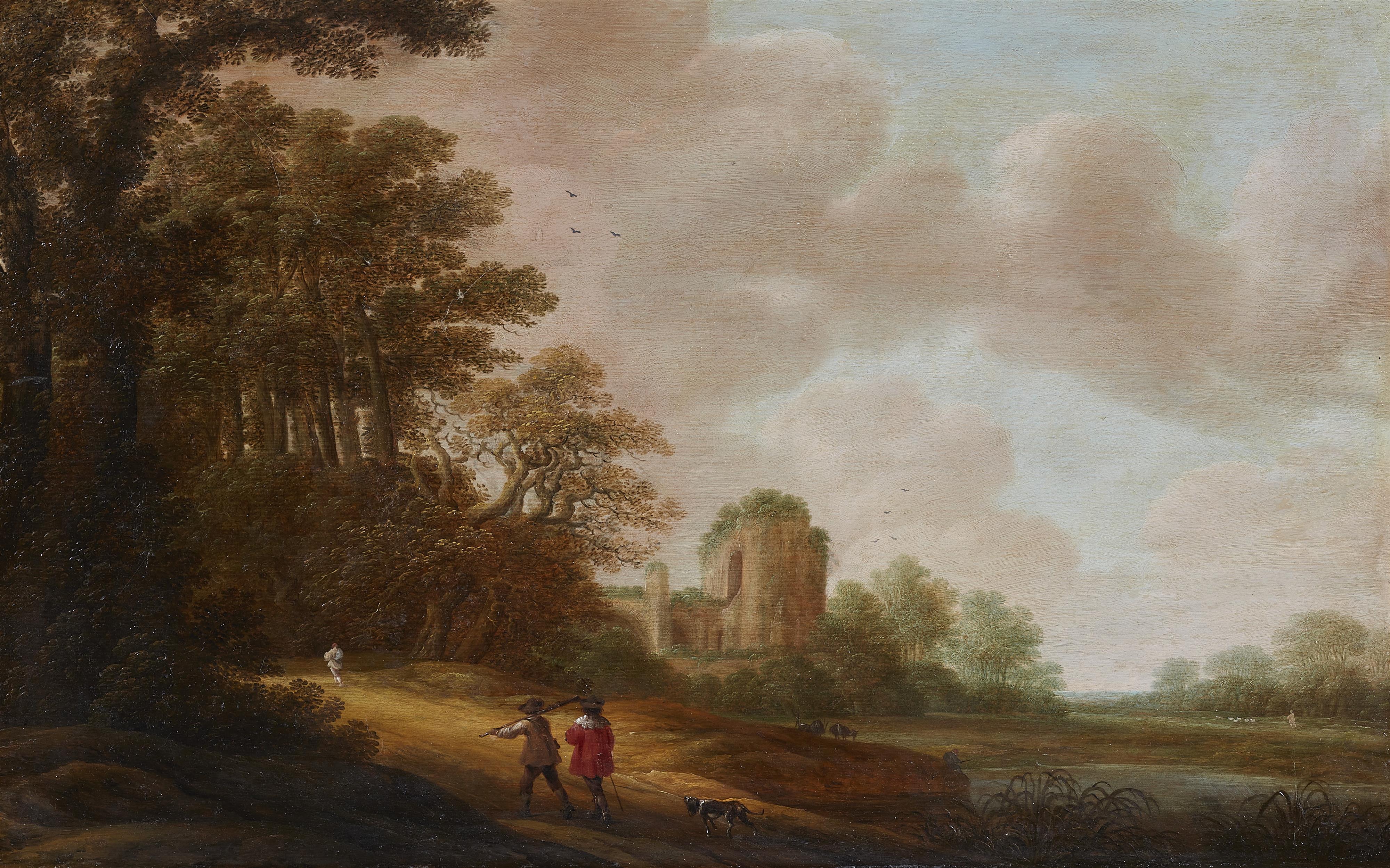 Pieter Jansz. van Asch - Bewaldete Landschaft mit zwei Jägern und einer Kirchenruine im Hintergrund - image-1