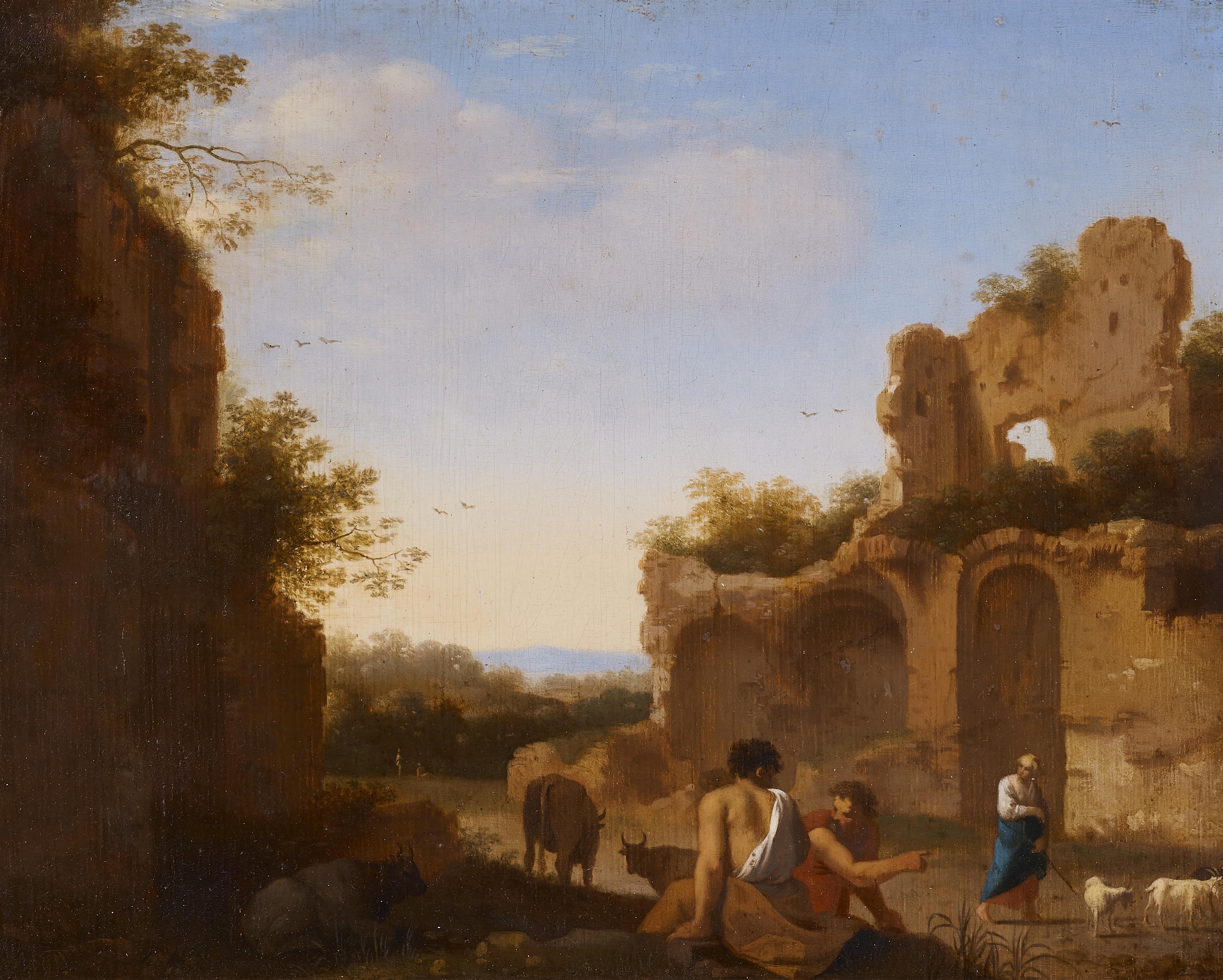Cornelis van Poelenburgh, zugeschrieben - Landschaft mit Ruinen und Hirten - image-1