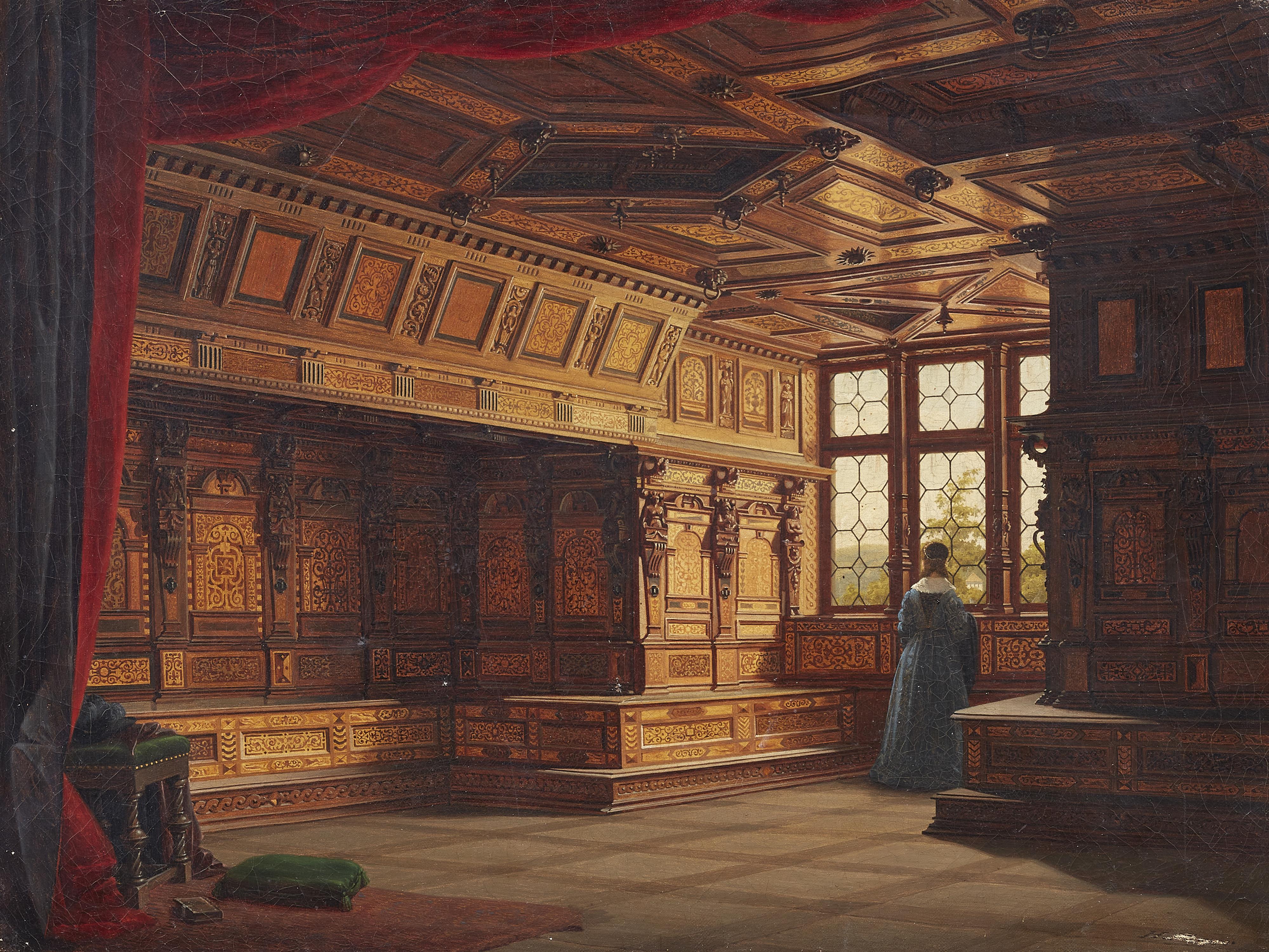 Heinrich Anton Heger - Richly panelled interior with lady at the window - image-1
