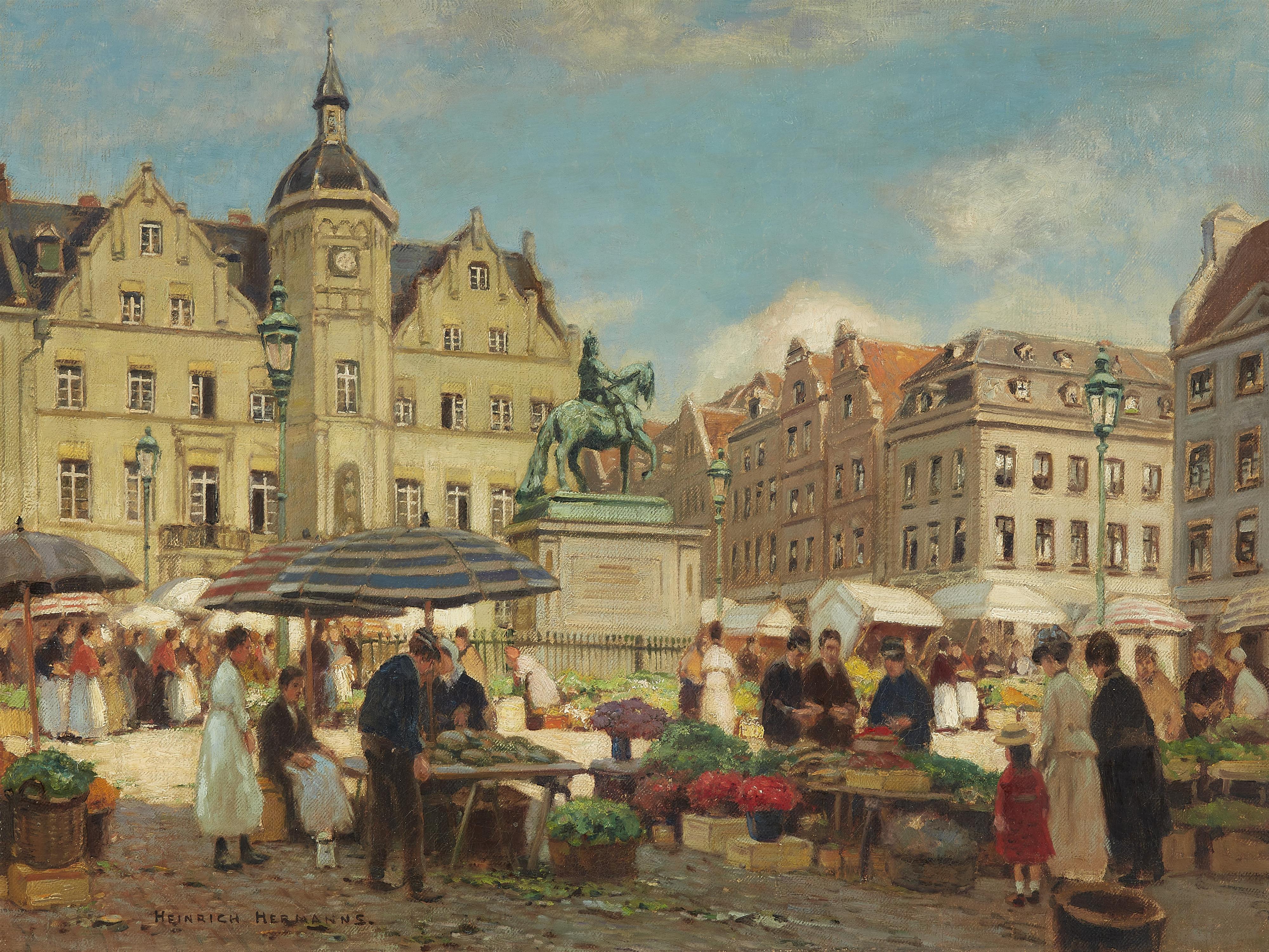 Heinrich Hermanns - Market Scene with Düsseldorf City Hall - image-1