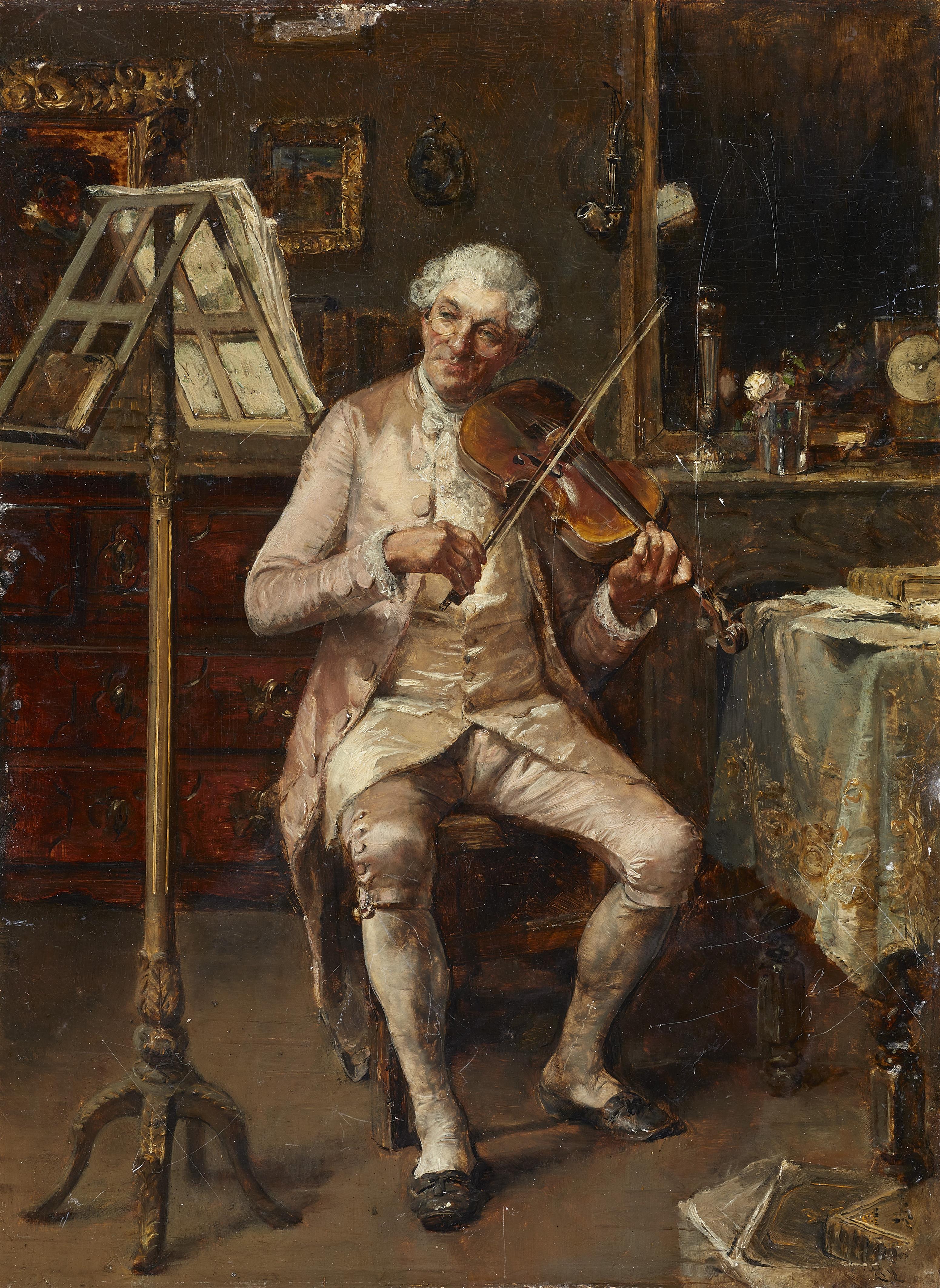 Unknown Artist 19th century - Interior with a man playing the violin - image-1