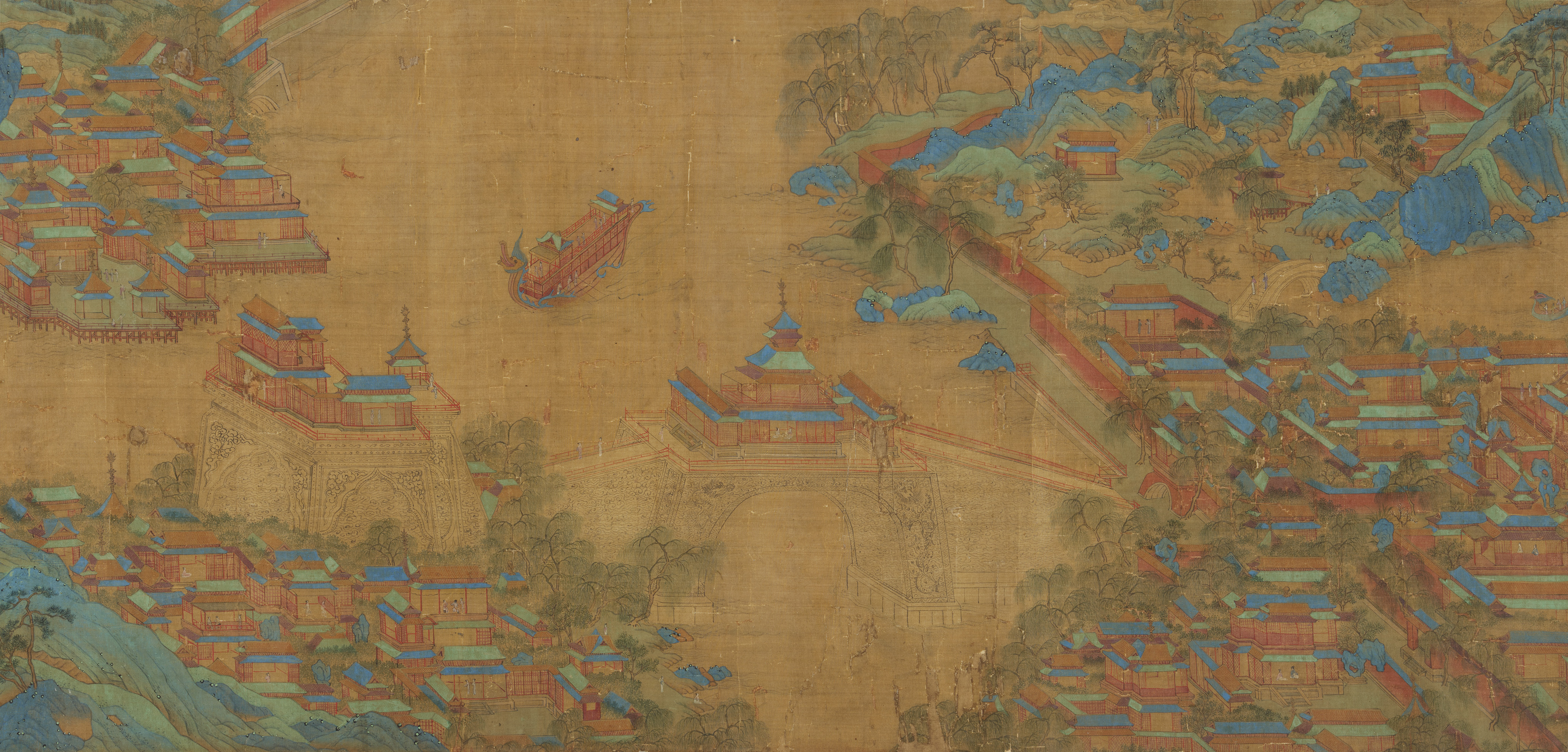 After Wen Zhengming . Qing dynasty - A palace and temple complex in a mountain landscape in blue-green style. - image-1