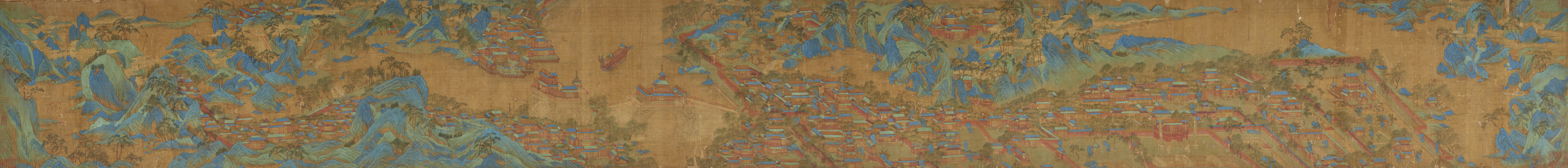 After Wen Zhengming . Qing dynasty - A palace and temple complex in a mountain landscape in blue-green style. - image-3
