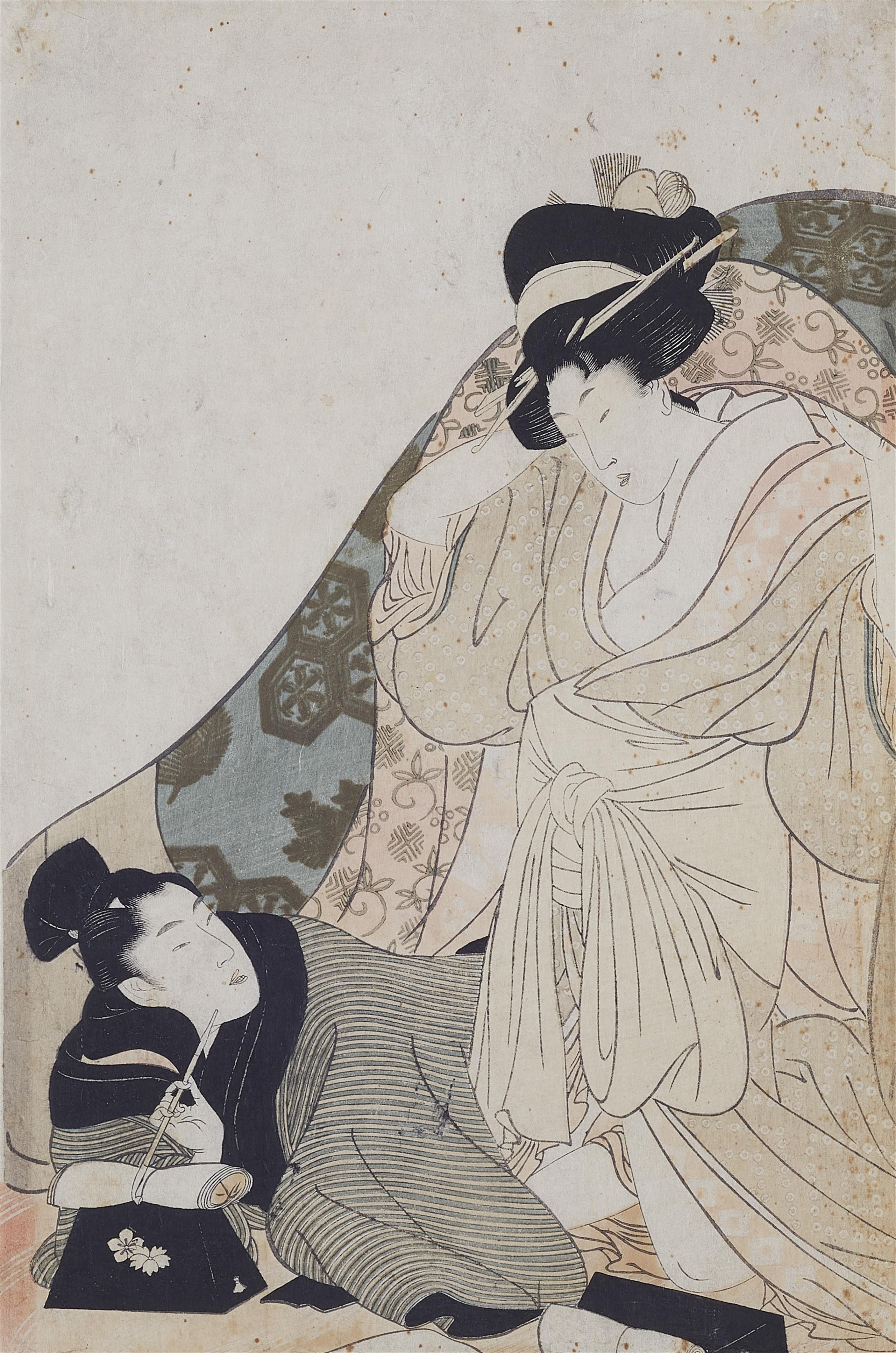 Kitagawa Utamaro - Ôban. Abuna-e. Playful lovers half under the covers. Unsigned. Without publisher mark. Rare. - image-1
