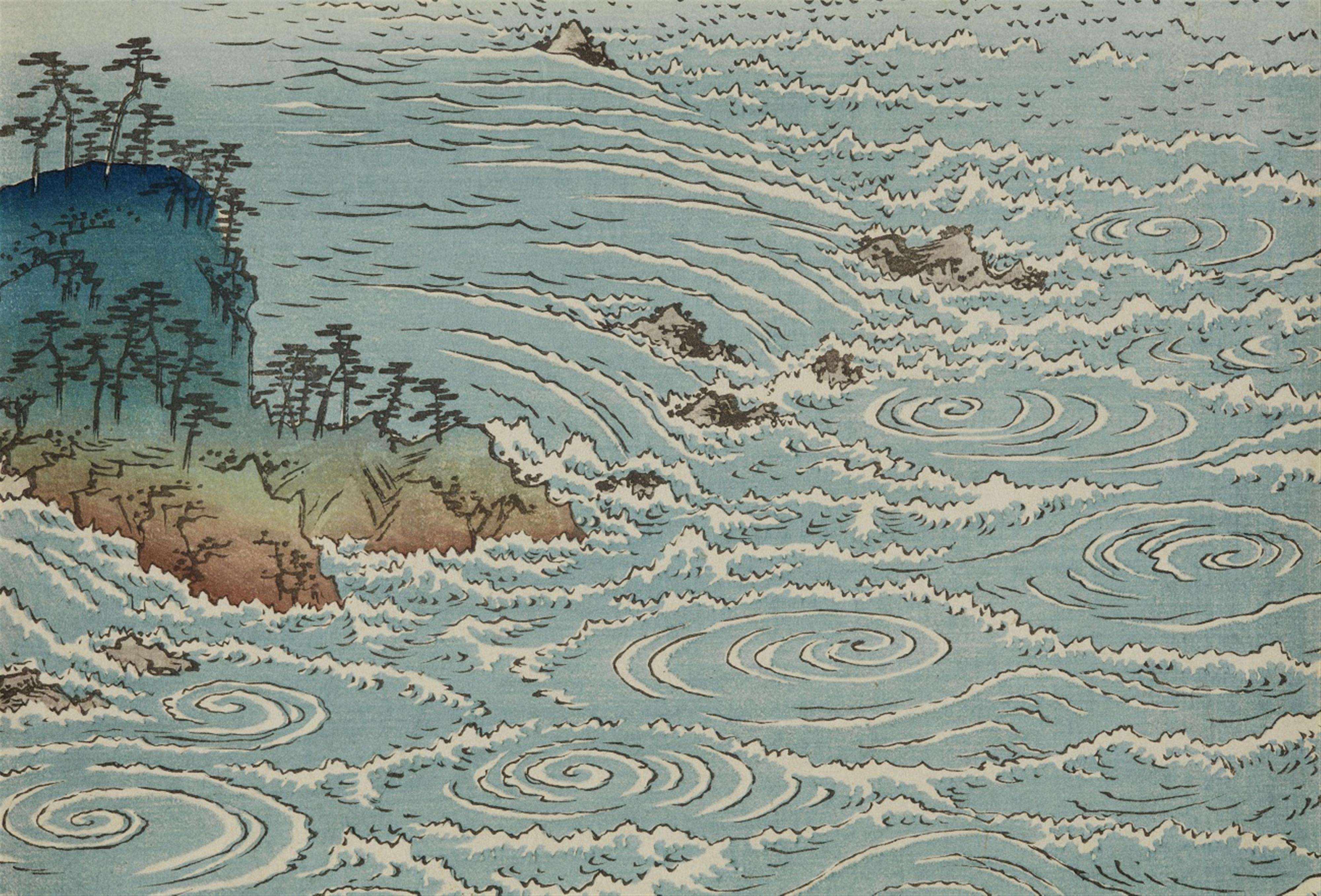 Utagawa Hiroshige - Ôban triptych. View of the whirlpools at the Naruto Straits in Awa, from an untitled series of three triptychs that depict Snow, Moon and Flowers (setsugekka). 
This triptych i... - image-2